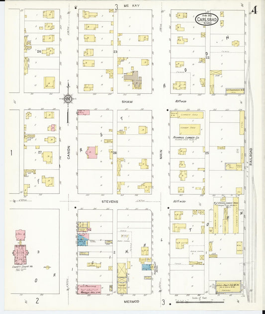 Sanborn Fire Insurance Map from Carlsbad, Eddy County, New Mexico (1913), Sheet #0004 - Historic Sanborn Fire Insurance Map Print, vintage old map wall art, antique decor, genealogy gift, New Mexico New Mexico map