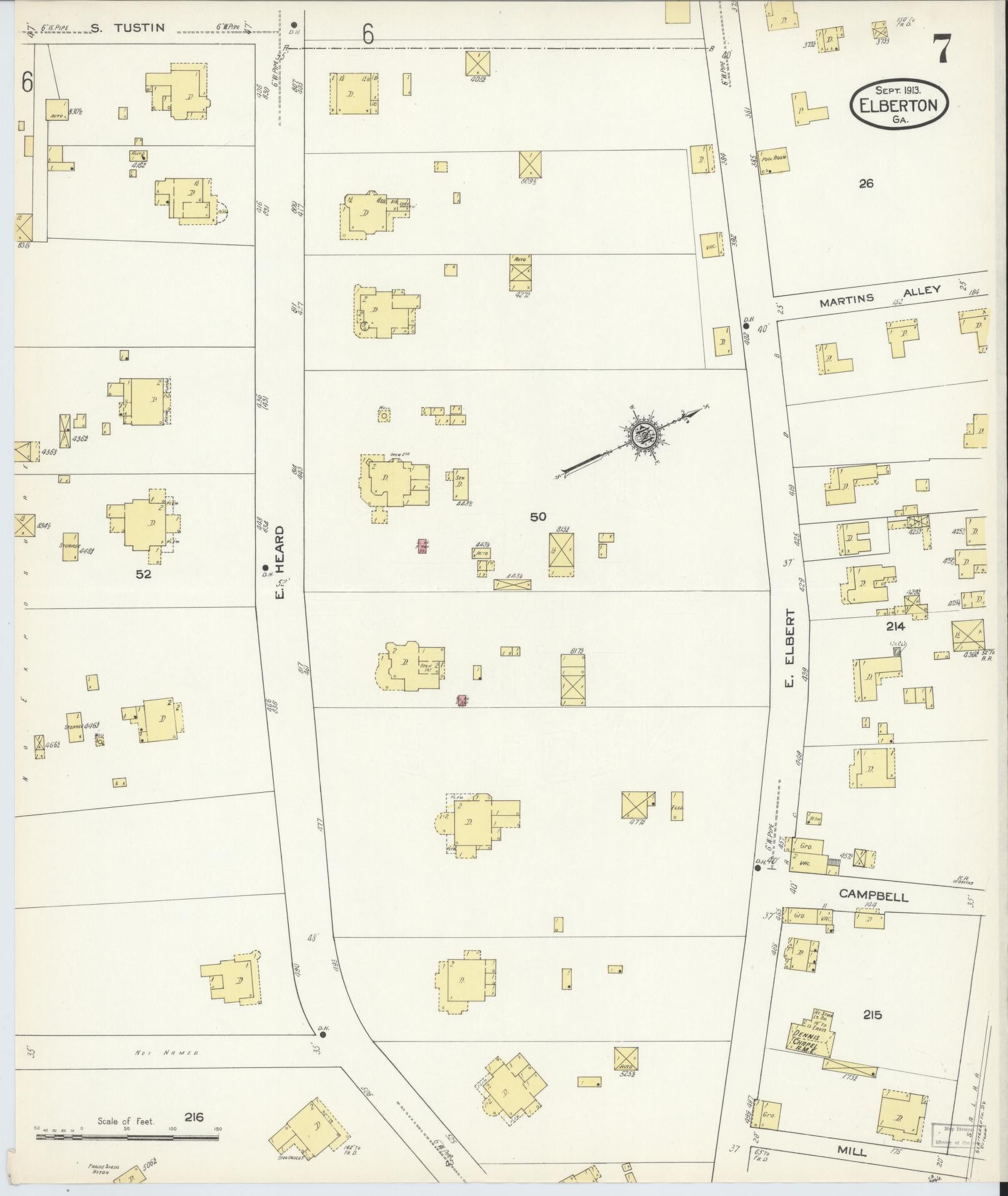 Sanborn Fire Insurance Map from Elberton, Elbert County, Georgia (1913), Sheet #0007 - Historic Sanborn Fire Insurance Map Print, vintage old map wall art, antique decor, genealogy gift, Georgia Georgia map