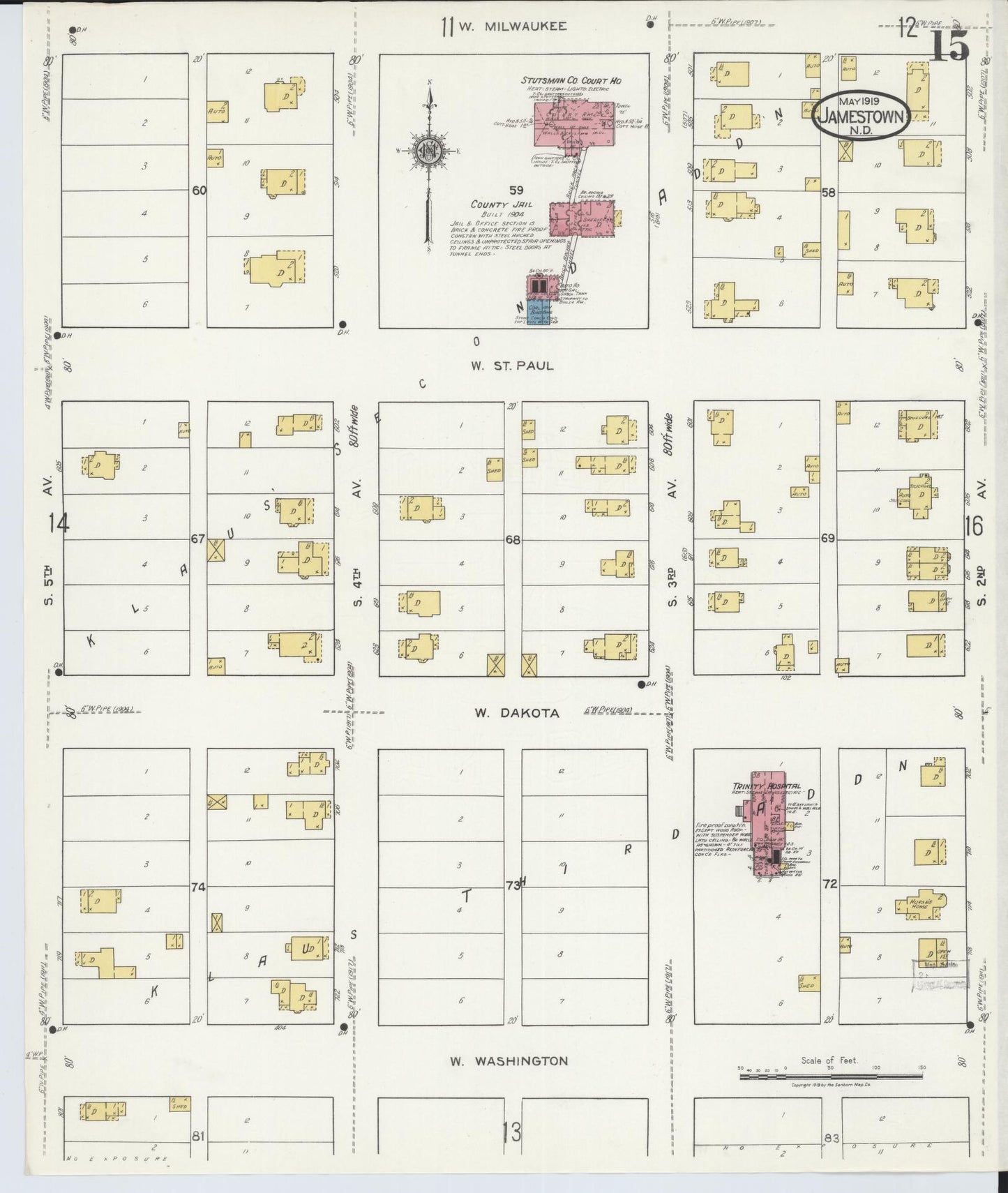 Sanborn Fire Insurance Map from Jamestown, Stutsman County, North Dakota (1919), Sheet #0015 - Complete Map Set gallery image, historic Sanborn map, vintage wall art, North Dakota North Dakota