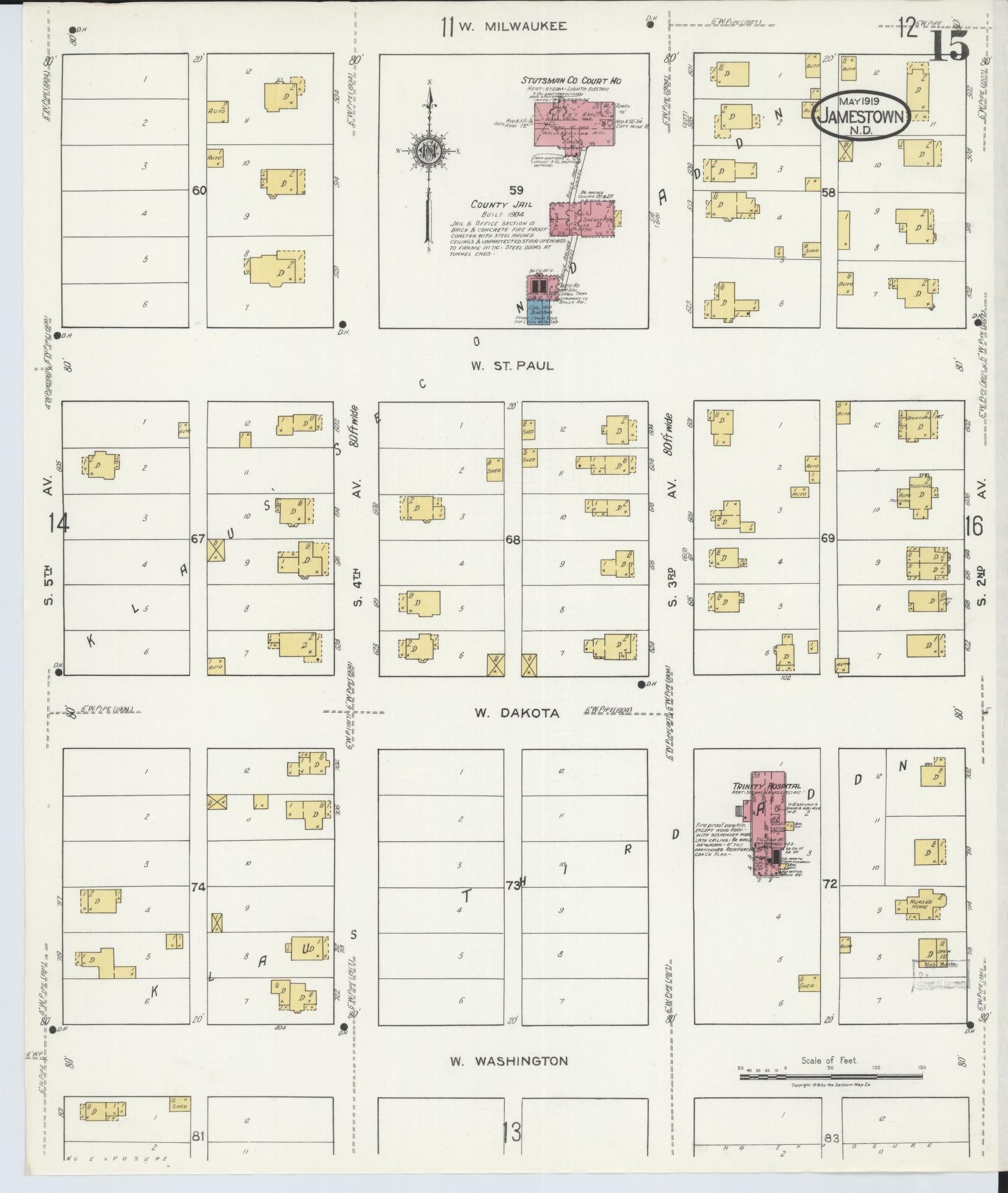 Sanborn Fire Insurance Map from Jamestown, Stutsman County, North Dakota (1919), Sheet #0015 - Complete Map Set gallery image, historic Sanborn map, vintage wall art, North Dakota North Dakota