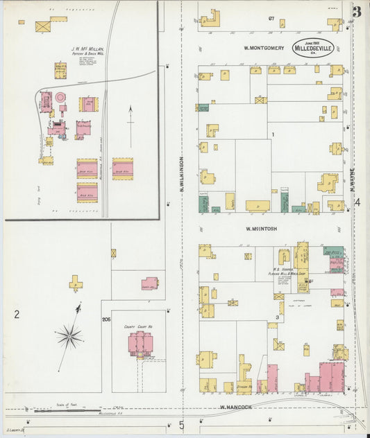 Sanborn Fire Insurance Map from Milledgeville, Baldwin County, Georgia (1901), Sheet #0003 - Historic Sanborn Fire Insurance Map Print, vintage old map wall art, antique decor, genealogy gift, Georgia Georgia map