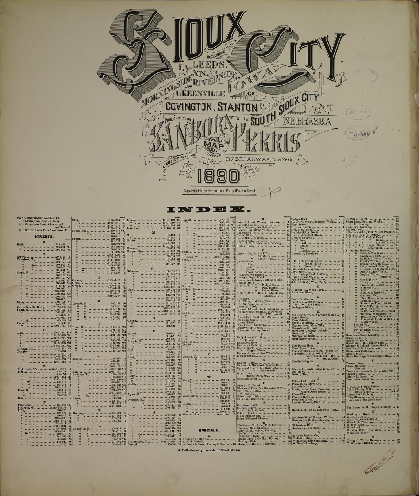Sanborn Fire Insurance Map from Sioux City, Woodbury County, Iowa (1890), Sheet #0001 - Historic Sanborn Fire Insurance Map Print, vintage old map wall art