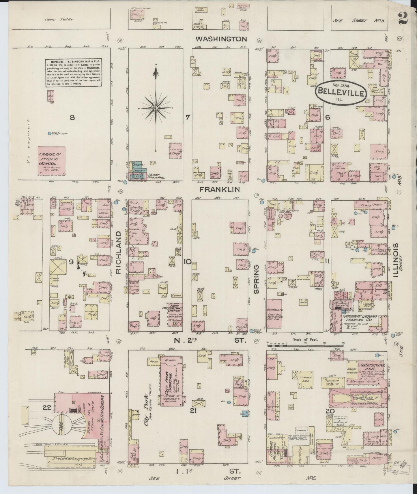 Sanborn Fire Insurance Map from Belleville, Saint Clair County, Illinois (1884), Sheet #0002 - Historic Sanborn Fire Insurance Map Print, vintage old map wall art, antique decor, genealogy gift, Illinois Illinois map