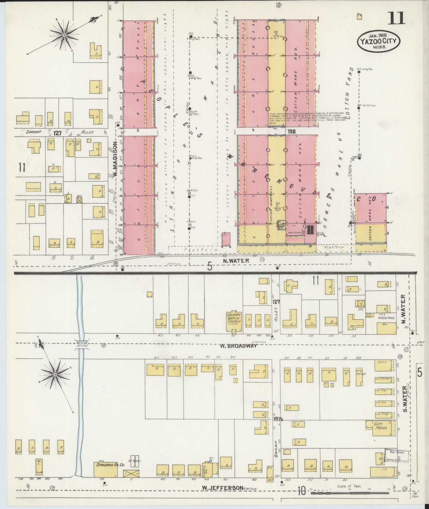 Sanborn Fire Insurance Map from Yazoo City, Yazoo County, Mississippi (1905), Sheet #0011 - Historic Sanborn Fire Insurance Map Print, vintage old map wall art, antique decor, genealogy gift, Mississippi Mississippi map