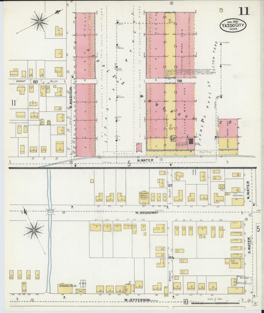 Sanborn Fire Insurance Map from Yazoo City, Yazoo County, Mississippi (1905), Sheet #0011 - Historic Sanborn Fire Insurance Map Print, vintage old map wall art, antique decor, genealogy gift, Mississippi Mississippi map