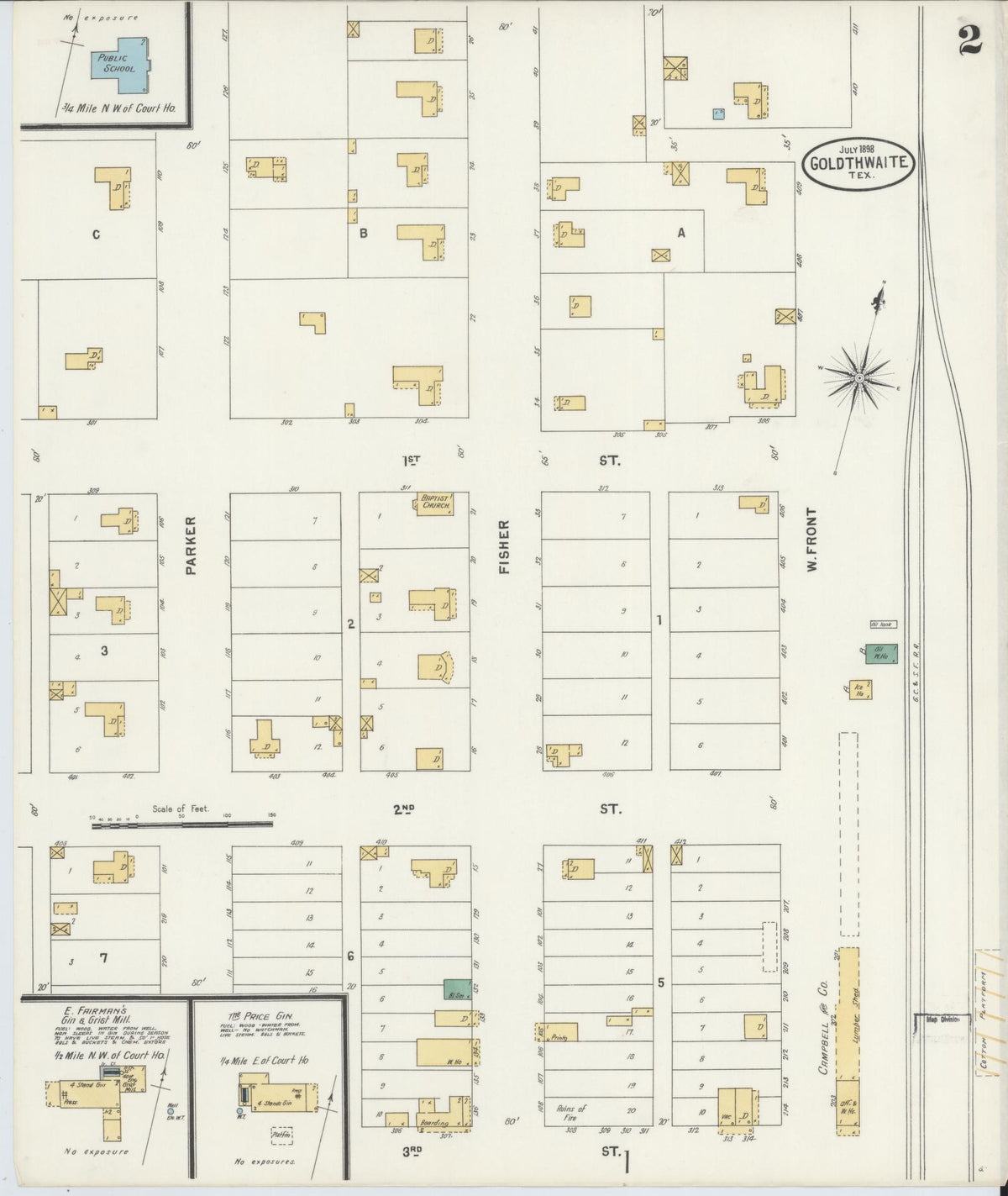 Sanborn Fire Insurance Map from Goldthwaite, Mills County, Texas (1898), Sheet #0002 - Complete Map Set gallery image, historic Sanborn map, vintage wall art, Texas Texas