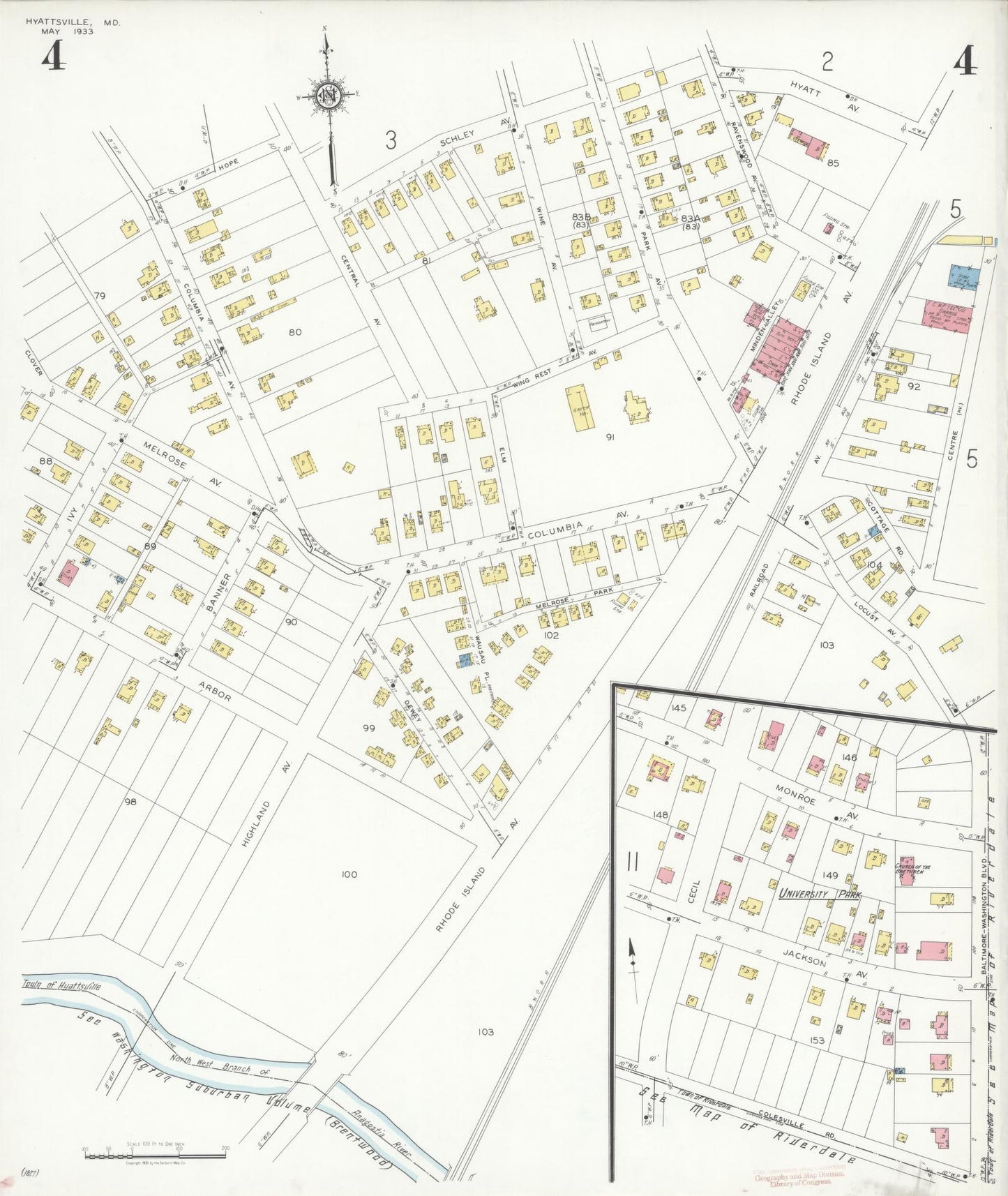 Sanborn Fire Insurance Map from Hyattsville, Prince Georges County, Maryland (1933), Sheet #0004 - Historic Sanborn Fire Insurance Map Print, vintage old map wall art