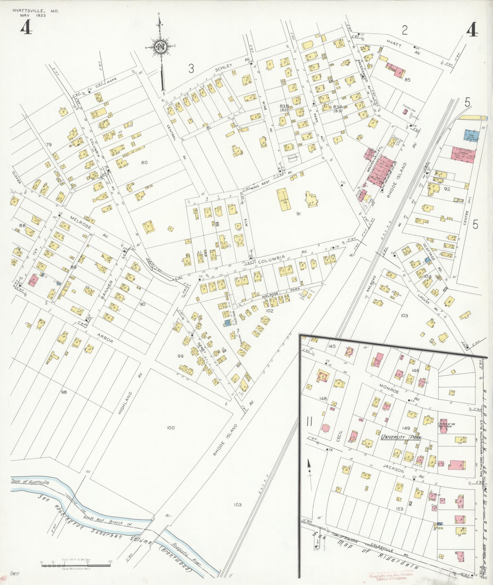 Sanborn Fire Insurance Map from Hyattsville, Prince Georges County, Maryland (1933), Sheet #0004 - Historic Sanborn Fire Insurance Map Print, vintage old map wall art