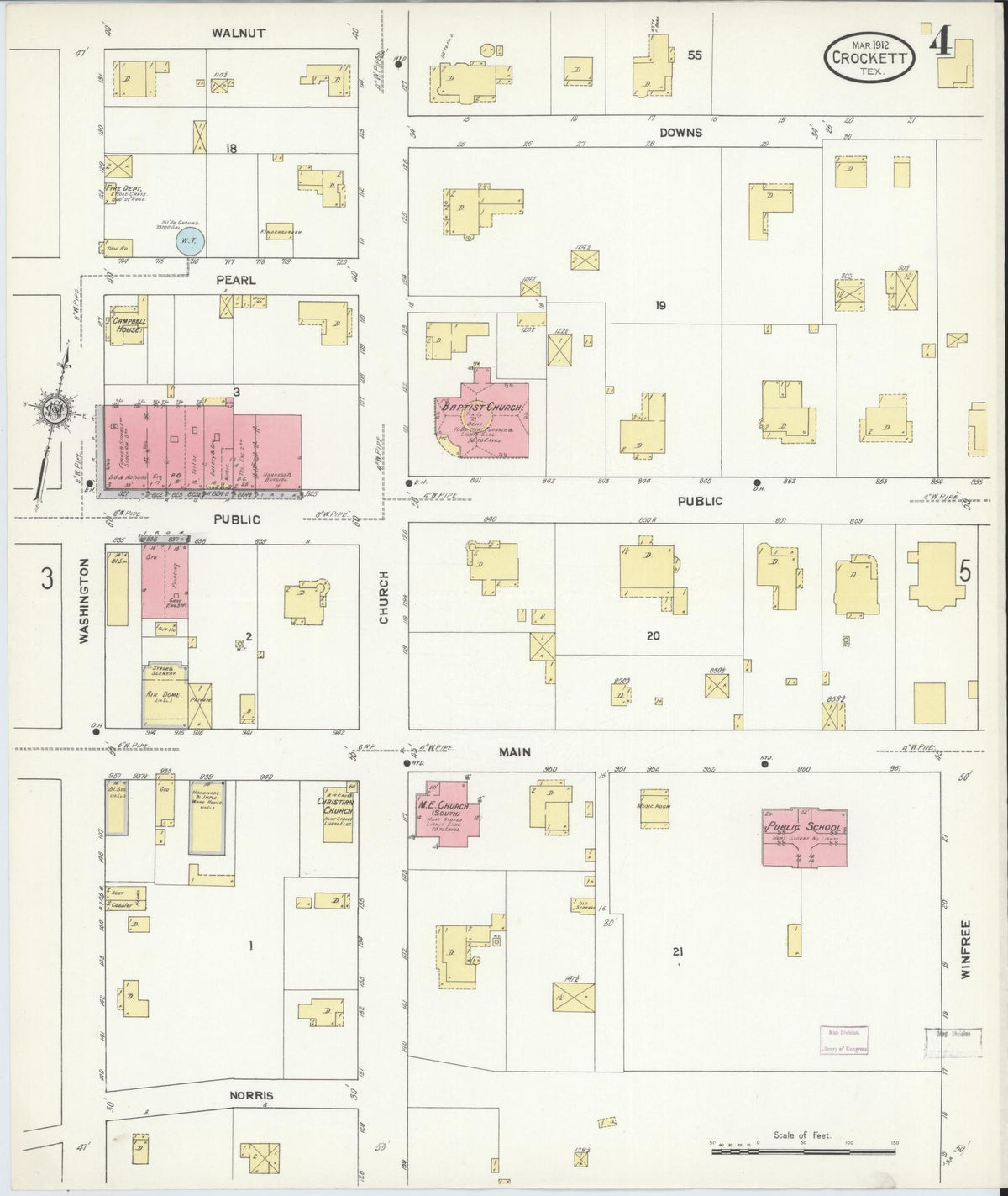Sanborn Fire Insurance Map from Crockett, Houston County, Texas (1912), Sheet #0004 - Complete Map Set gallery image, historic Sanborn map, vintage wall art, Texas Texas