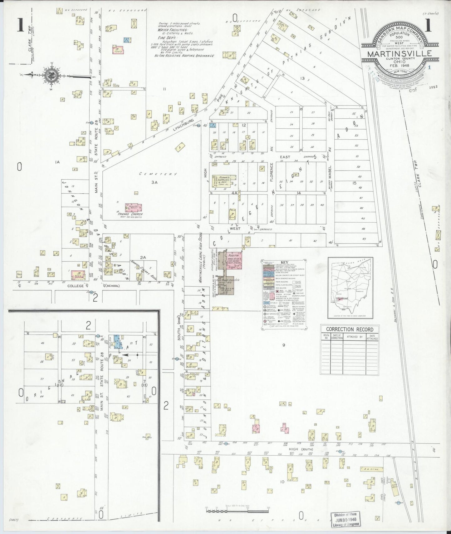 Sanborn Fire Insurance Map from Martinsville, Clinton County, Ohio (1948), Sheet #0001 - Historic Sanborn Fire Insurance Map Print, vintage old map wall art, antique decor, genealogy gift, Ohio Ohio map