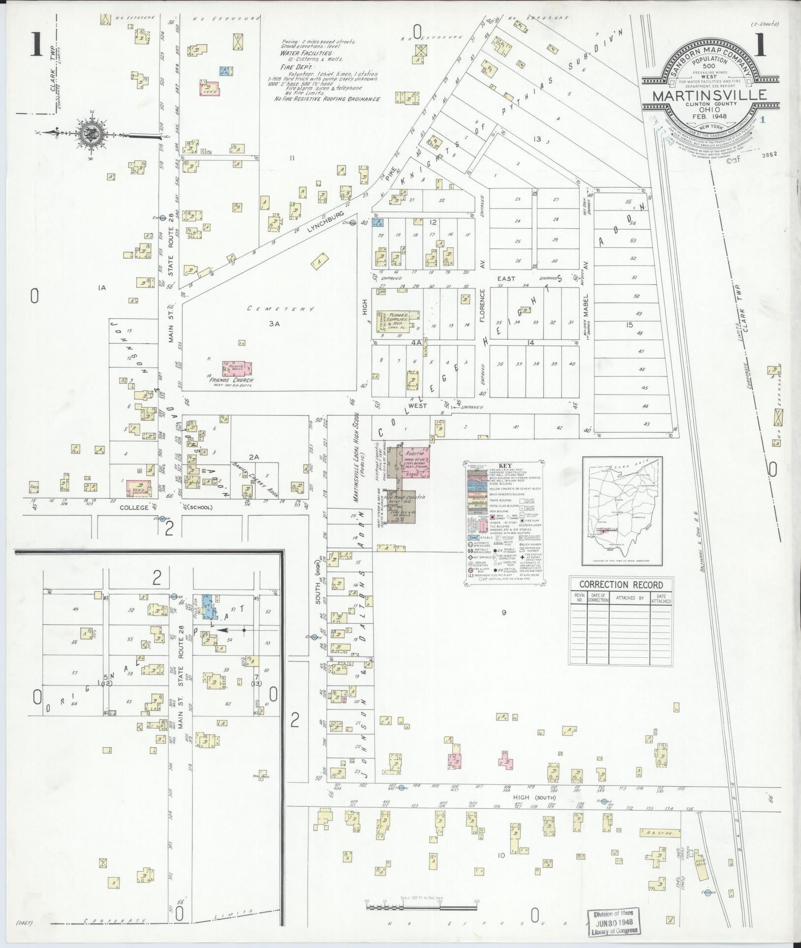 Sanborn Fire Insurance Map from Martinsville, Clinton County, Ohio (1948), Sheet #0001 - Historic Sanborn Fire Insurance Map Print, vintage old map wall art, antique decor, genealogy gift, Ohio Ohio map