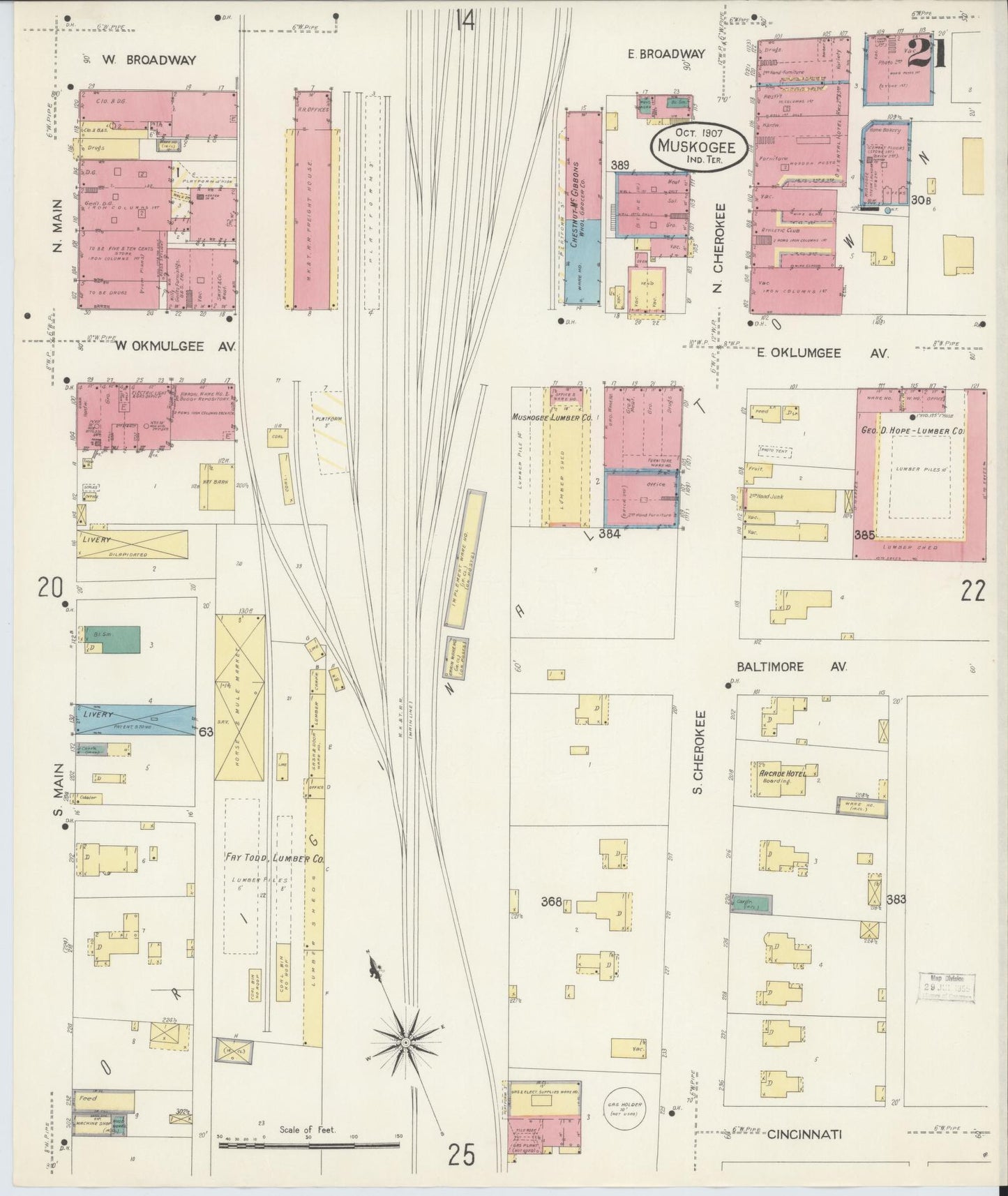Sanborn Fire Insurance Map from Muskogee, Muskogee County, Oklahoma (1907), Sheet #0021 - Historic Sanborn Fire Insurance Map Print, vintage old map wall art, antique decor, genealogy gift, Oklahoma Oklahoma map