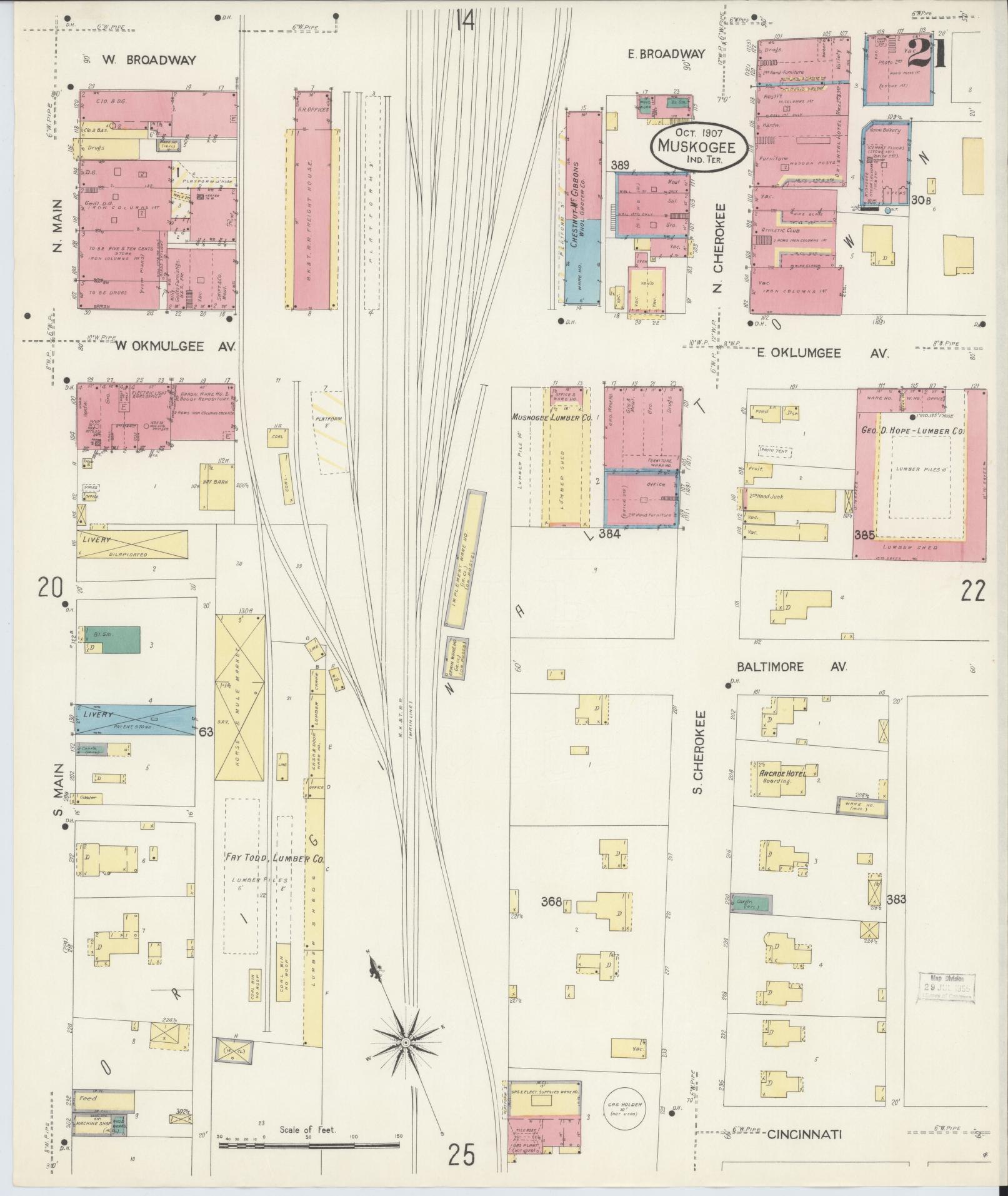 Sanborn Fire Insurance Map from Muskogee, Muskogee County, Oklahoma (1907), Sheet #0021 - Historic Sanborn Fire Insurance Map Print, vintage old map wall art, antique decor, genealogy gift, Oklahoma Oklahoma map