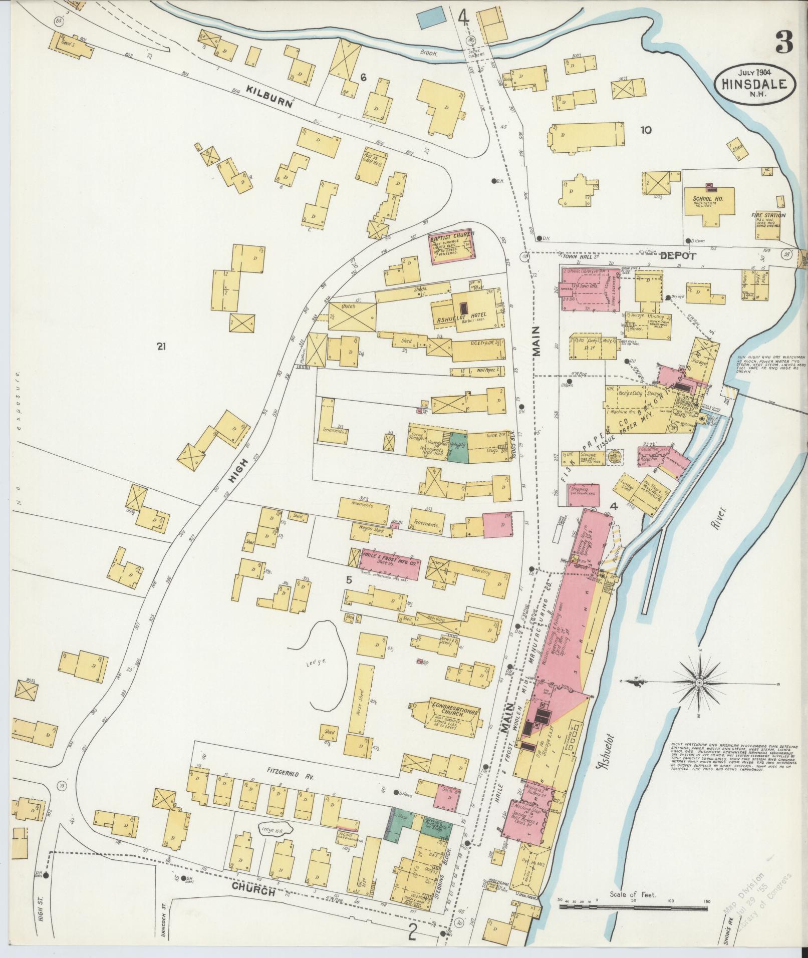 Sanborn Fire Insurance Map from Hinsdale, Cheshire County, New Hampshire (1904), Sheet #0003 - Complete Map Set gallery image, historic Sanborn map, vintage wall art, New Hampshire New Hampshire