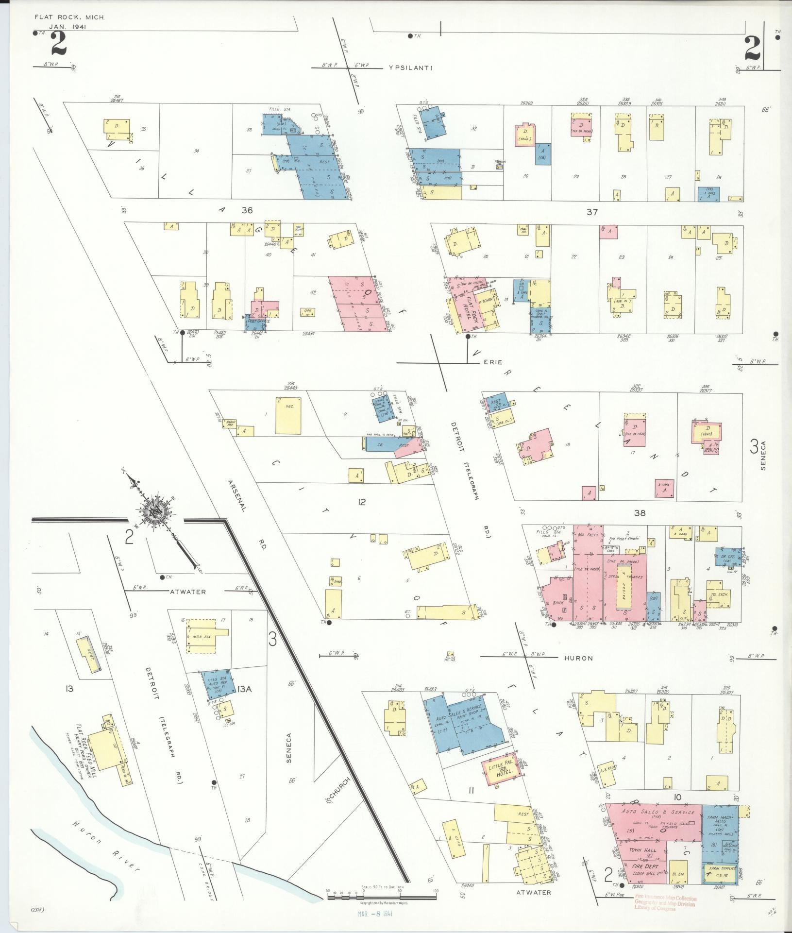 Sanborn Fire Insurance Map from Flat Rock, Wayne County, Michigan (1941), Sheet #0002 - Historic Sanborn Fire Insurance Map Print, vintage old map wall art, antique decor, genealogy gift, Michigan Michigan map