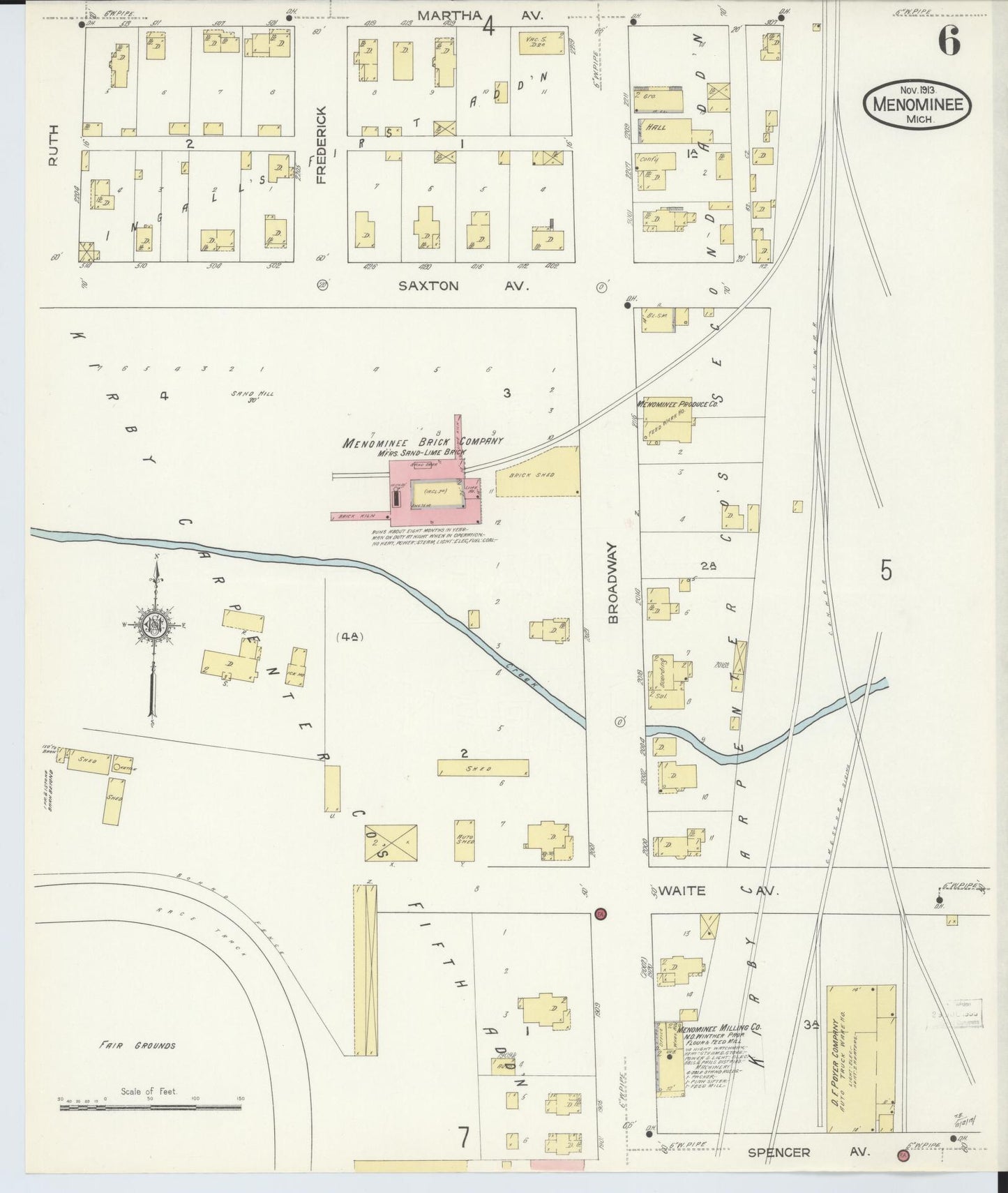 Sanborn Fire Insurance Map from Menominee, Menominee County, Michigan (1913), Sheet #0006 - Historic Sanborn Fire Insurance Map Print, vintage old map wall art, antique decor, genealogy gift, Michigan Michigan map