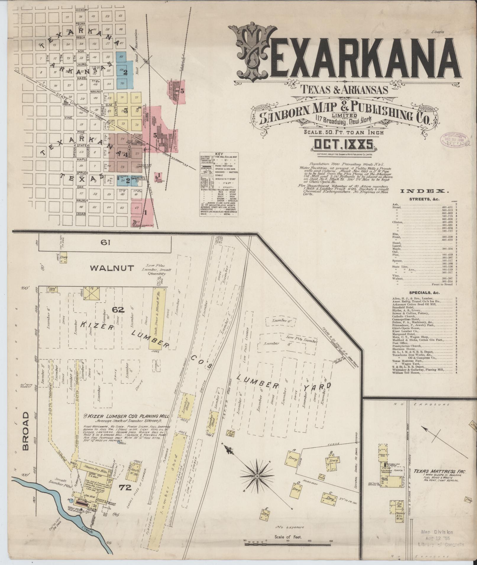 Sanborn Fire Insurance Map from Texarkana, Bowie County, Texas (1885), Sheet #0001 - Historic Sanborn Fire Insurance Map Print, vintage old map wall art, antique decor, genealogy gift, Texas Texas map