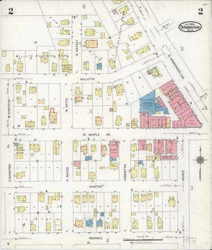 Sanborn Fire Insurance Map from Birmingham, Oakland County, Michigan (1926), Sheet #0002 - Historic Sanborn Fire Insurance Map Print, vintage old map wall art, antique decor, genealogy gift, Michigan Michigan map