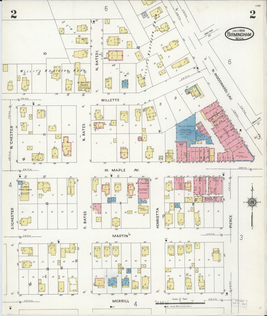 Sanborn Fire Insurance Map from Birmingham, Oakland County, Michigan (1926), Sheet #0002 - Historic Sanborn Fire Insurance Map Print, vintage old map wall art, antique decor, genealogy gift, Michigan Michigan map