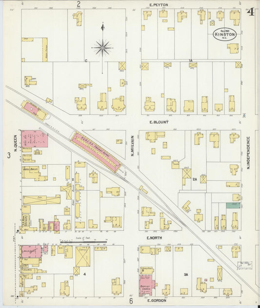 Sanborn Fire Insurance Map from Kinston, Lenoir County, North Carolina (1901), Sheet #0004 - Historic Sanborn Fire Insurance Map Print, vintage old map wall art, antique decor, genealogy gift, North Carolina North Carolina map