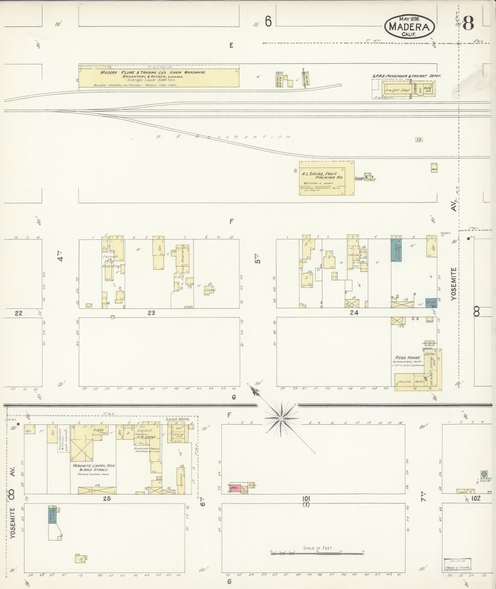 Sanborn Fire Insurance Map from Madera, Madera County, California (1898), Sheet #0008 - Historic Sanborn Fire Insurance Map Print, vintage old map wall art, antique decor, genealogy gift, California California map