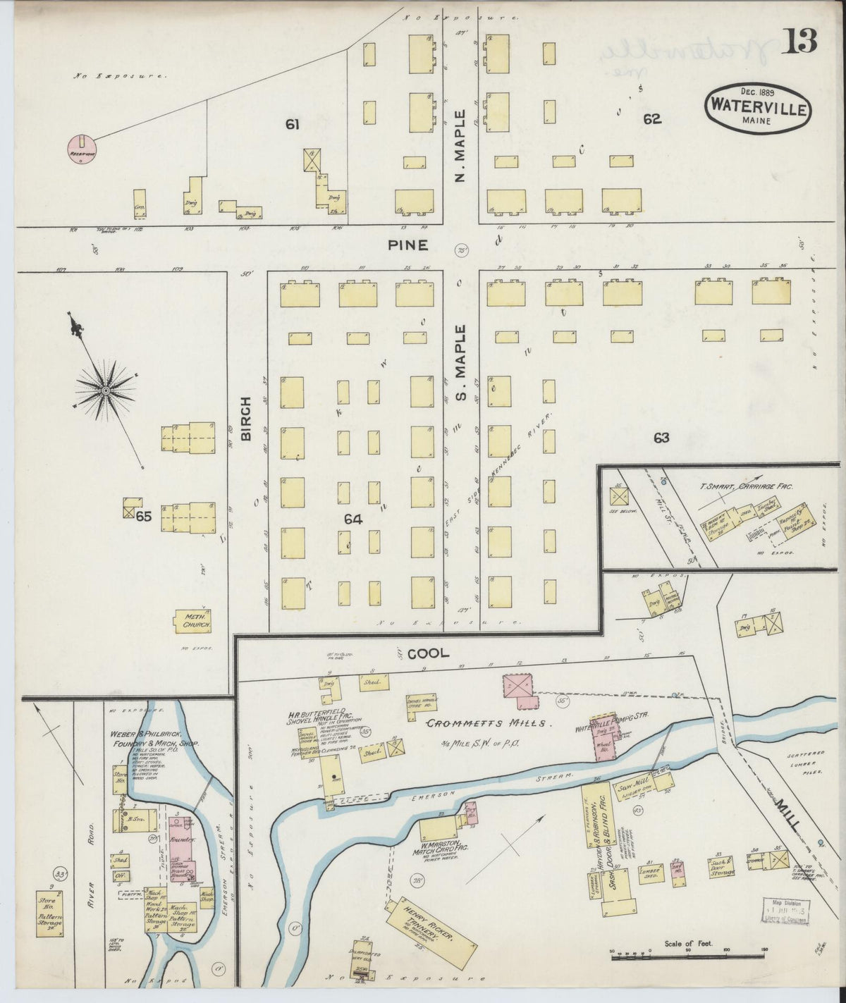 Sanborn Fire Insurance Map from Waterville, Kennebec County, Maine (1889), Sheet #0013 - Historic Sanborn Fire Insurance Map Print, vintage old map wall art, antique decor, genealogy gift, Maine Maine map