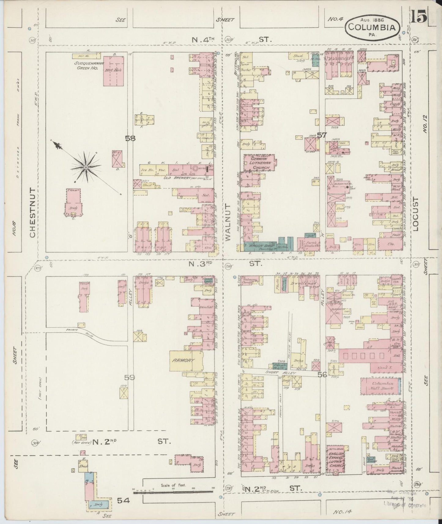 Sanborn Fire Insurance Map from Columbia, Lancaster County, Pennsylvania (1886), Sheet #0015 - Historic Sanborn Fire Insurance Map Print, vintage old map wall art, antique decor, genealogy gift, Pennsylvania Pennsylvania map