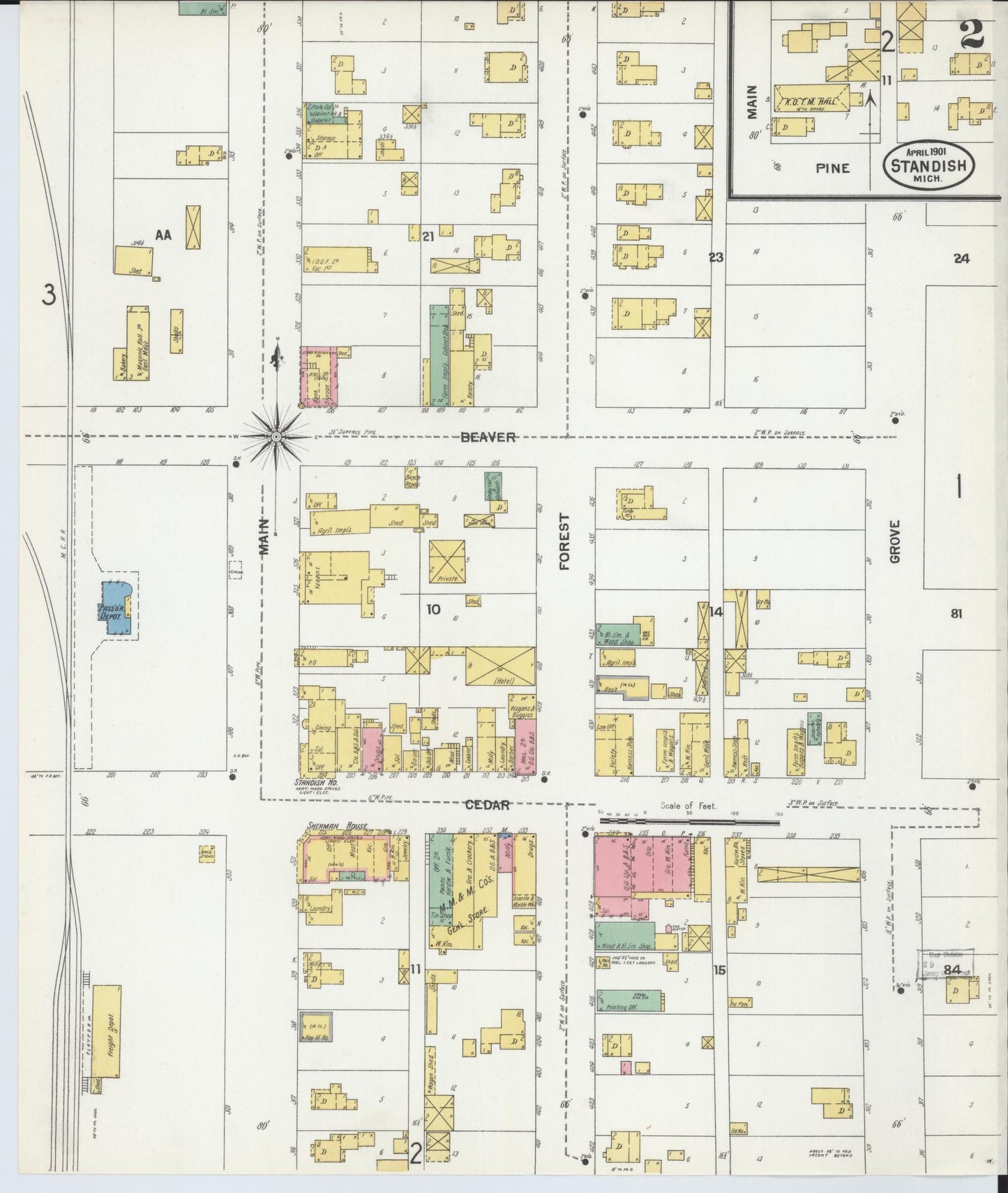 Sanborn Fire Insurance Map from Standish, Arenac County, Michigan (1901), Sheet #0002 - Complete Map Set gallery image, historic Sanborn map, vintage wall art, Michigan Michigan