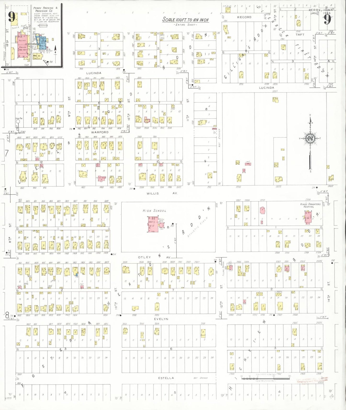 Sanborn Fire Insurance Map from Perry, Dallas County, Iowa (1933), Sheet #0009 - Historic Sanborn Fire Insurance Map Print, vintage old map wall art