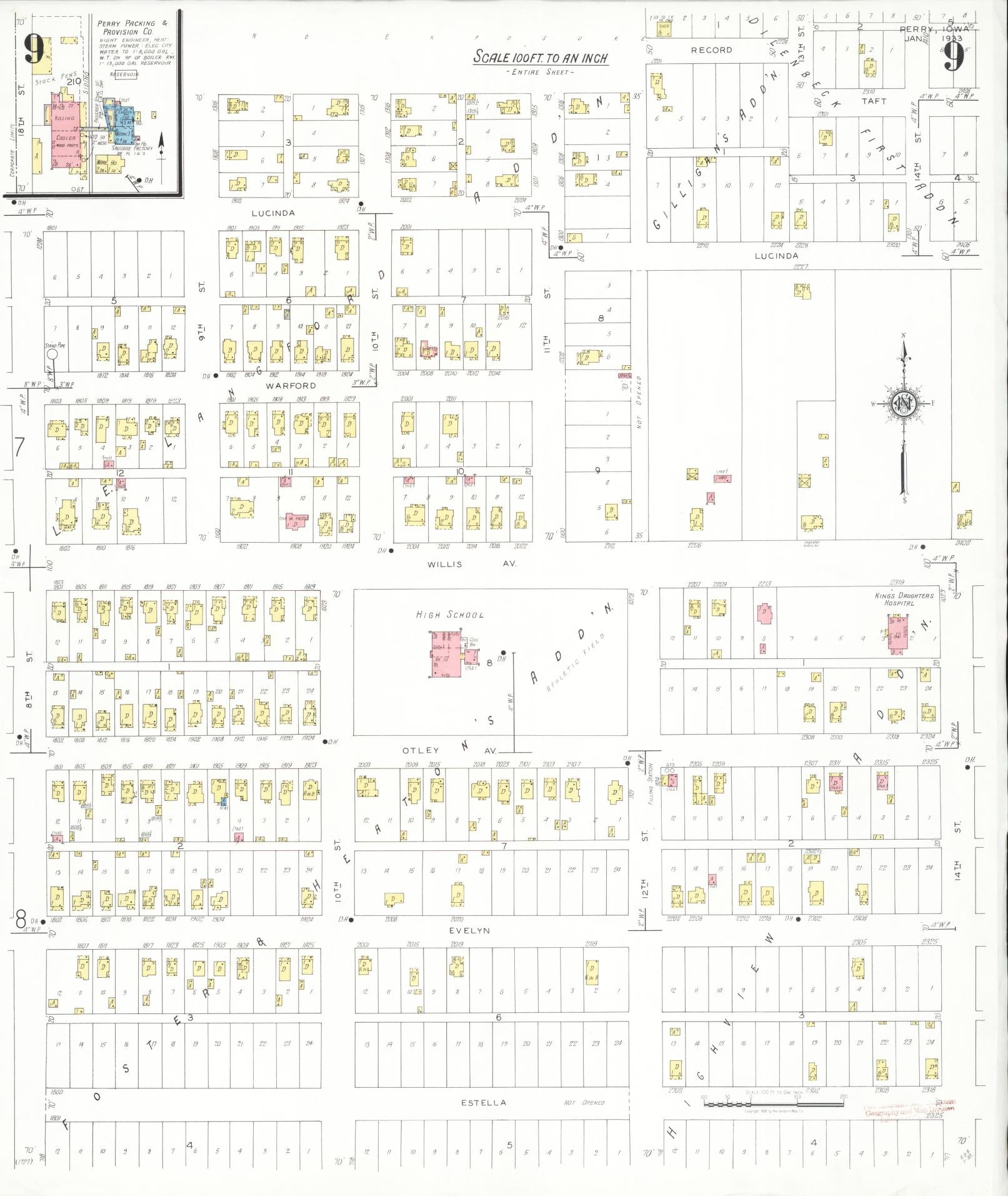 Sanborn Fire Insurance Map from Perry, Dallas County, Iowa (1933), Sheet #0009 - Historic Sanborn Fire Insurance Map Print, vintage old map wall art