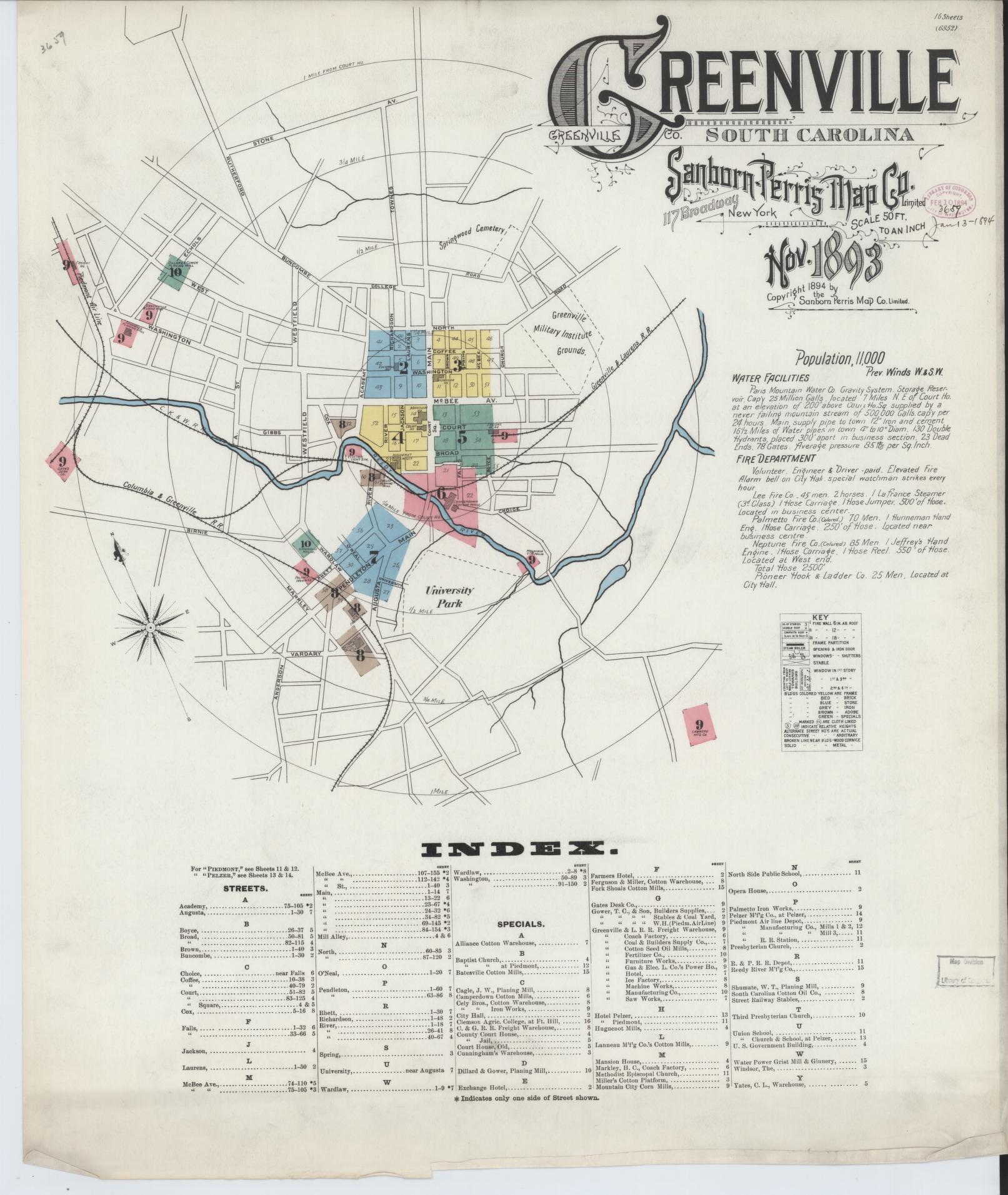 Sanborn Fire Insurance Map from Greenville, Greenville County, South Carolina (1893), Sheet #0001 - Historic Sanborn Fire Insurance Map Print, vintage old map wall art, antique decor, genealogy gift, South Carolina South Carolina map