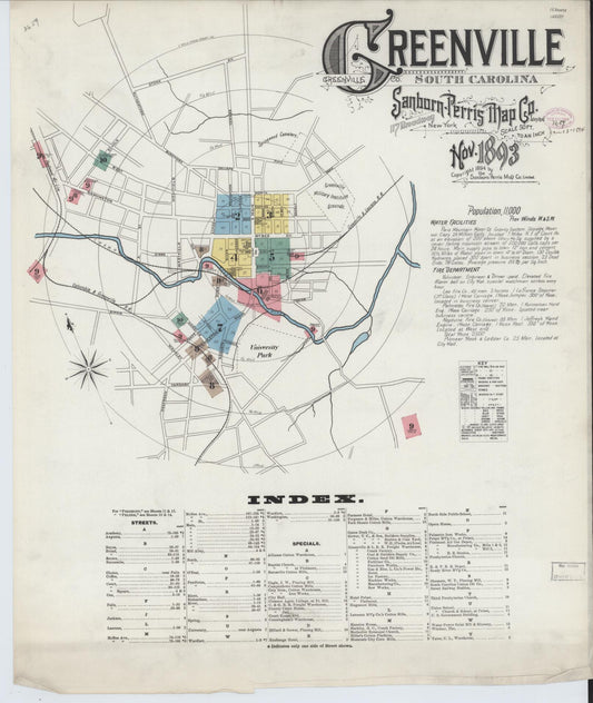 Sanborn Fire Insurance Map from Greenville, Greenville County, South Carolina (1893), Sheet #0001 - Historic Sanborn Fire Insurance Map Print, vintage old map wall art, antique decor, genealogy gift, South Carolina South Carolina map
