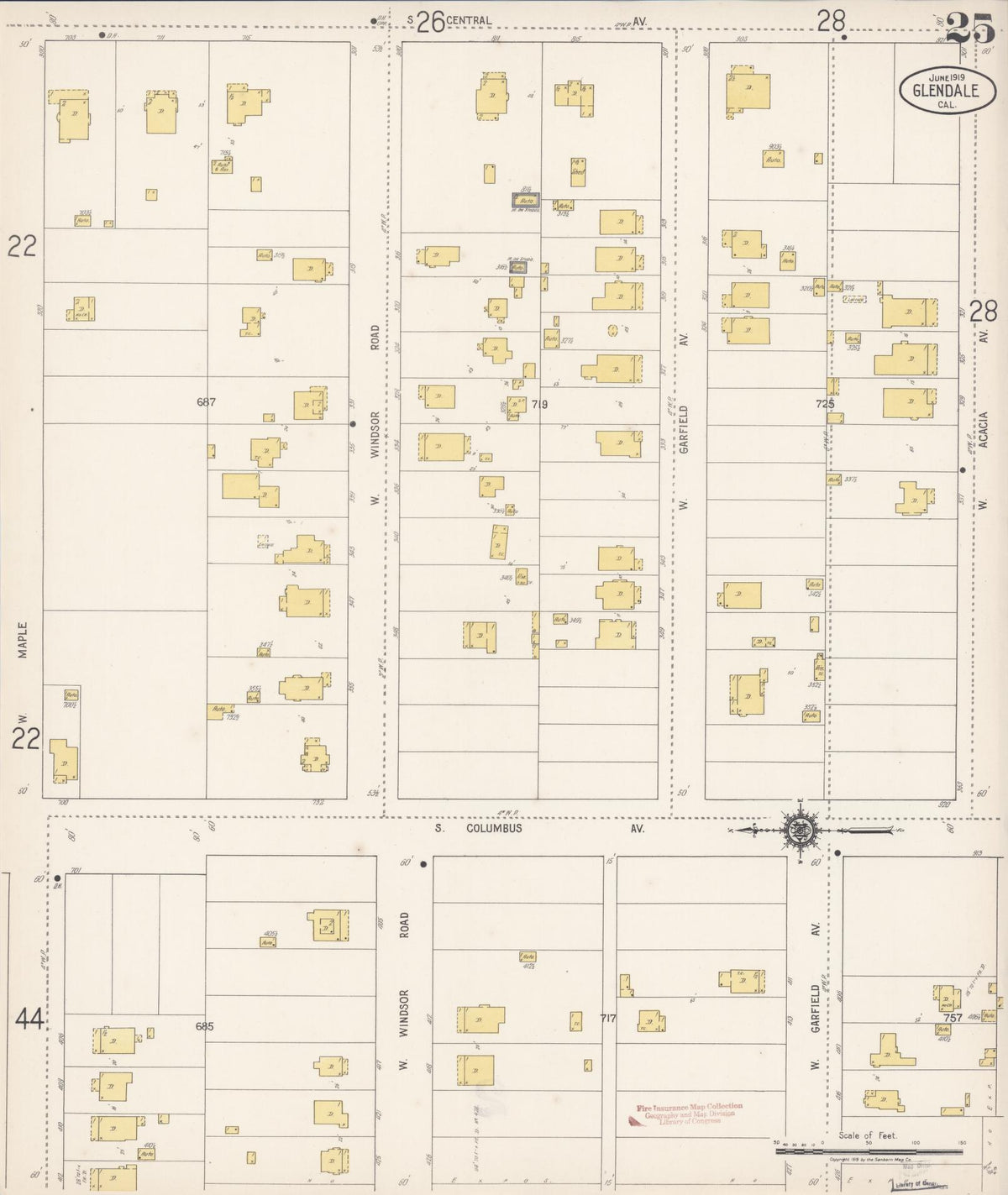 Sanborn Fire Insurance Map from Glendale, Los Angeles County, California (1919), Sheet #0025 - Complete Map Set gallery image, historic Sanborn map, vintage wall art, California California