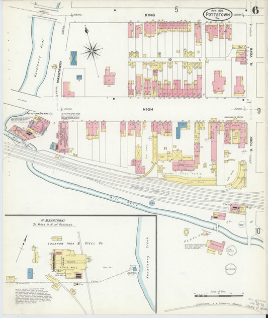 Sanborn Fire Insurance Map from Pottstown, Montgomery County, Pennsylvania (1909), Sheet #0006 - Historic Sanborn Fire Insurance Map Print, vintage old map wall art, antique decor, genealogy gift, Pennsylvania Pennsylvania map