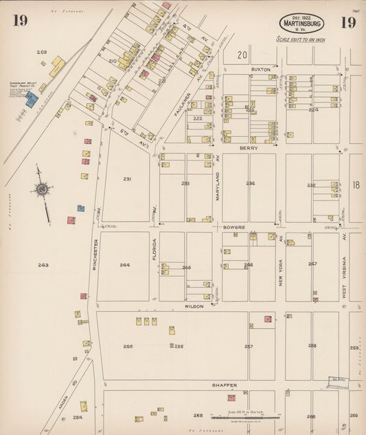 Sanborn Fire Insurance Map from Martinsburg, Berkeley County, West Virginia (1922), Sheet #0019 - Historic Sanborn Fire Insurance Map Print, vintage old map wall art, antique decor, genealogy gift, West Virginia West Virginia map