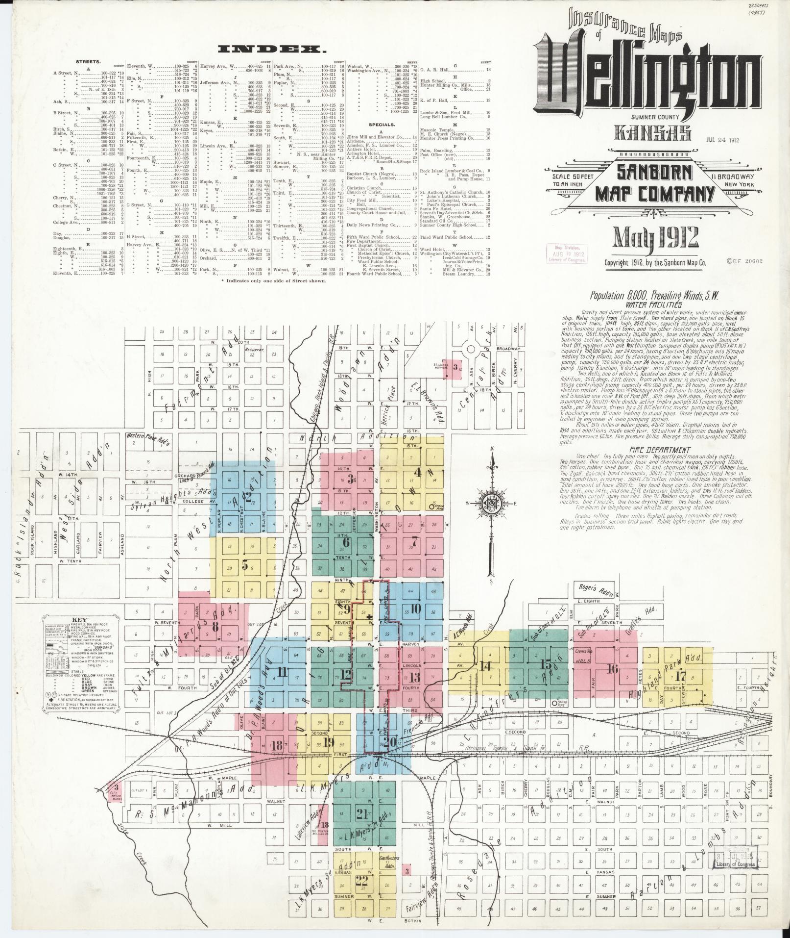 Sanborn Fire Insurance Map from Wellington, Sumner County, Kansas (1912), Sheet #0001 - Historic Sanborn Fire Insurance Map Print, vintage old map wall art, antique decor, genealogy gift, Kansas Kansas map