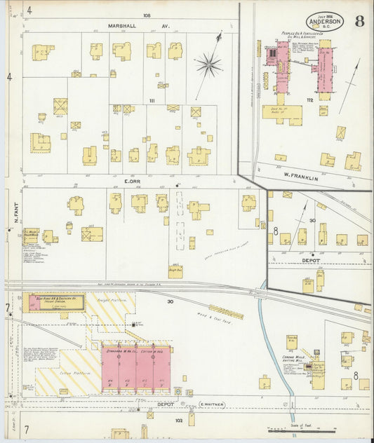 Sanborn Fire Insurance Map from Anderson, Anderson County, South Carolina (1906), Sheet #0008 - Historic Sanborn Fire Insurance Map Print, vintage old map wall art, antique decor, genealogy gift, South Carolina South Carolina map