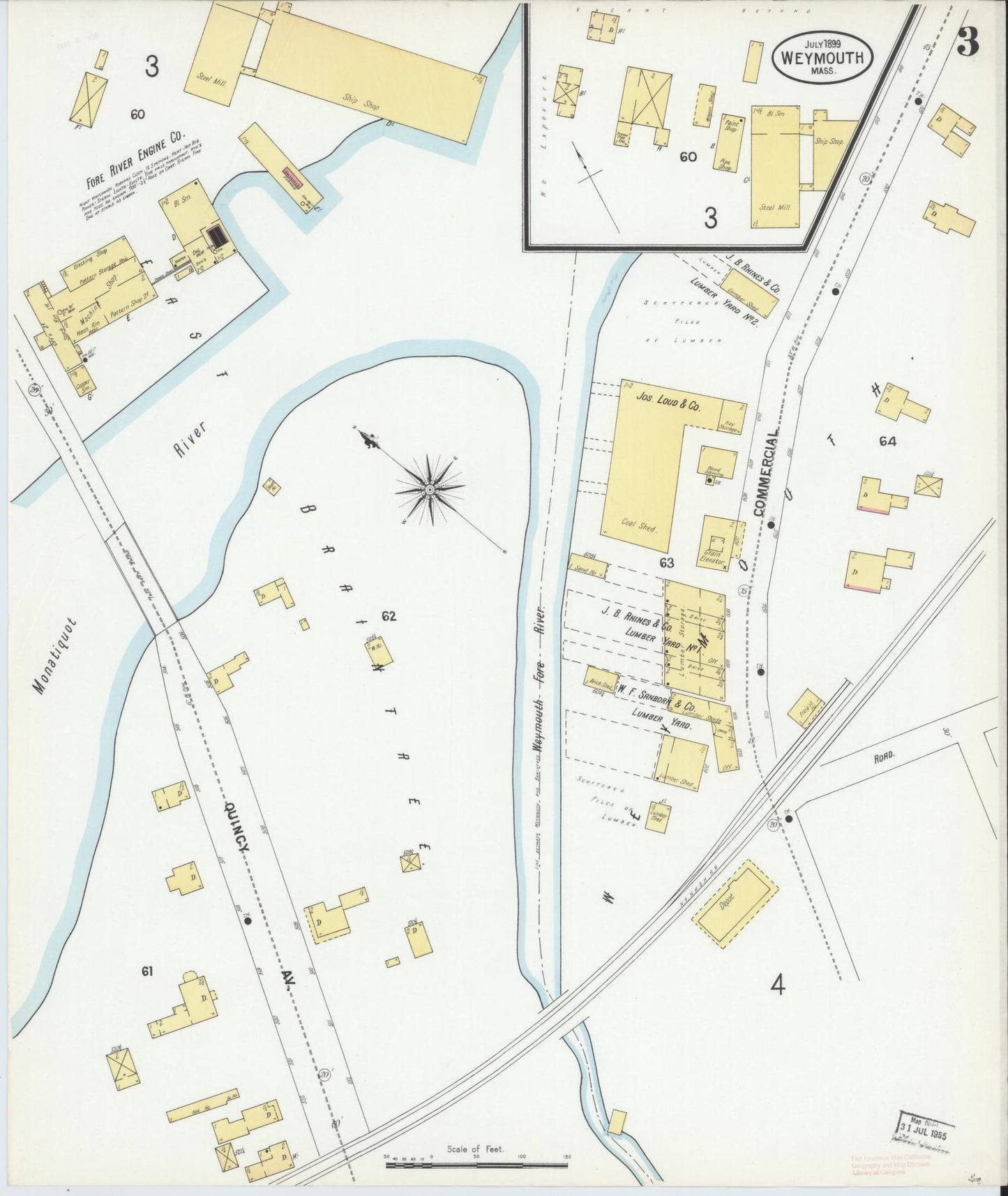Sanborn Fire Insurance Map from Weymouth, Norfolk County, Massachusetts (1899), Sheet #0003 - Complete Map Set gallery image, historic Sanborn map, vintage wall art, Massachusetts Massachusetts