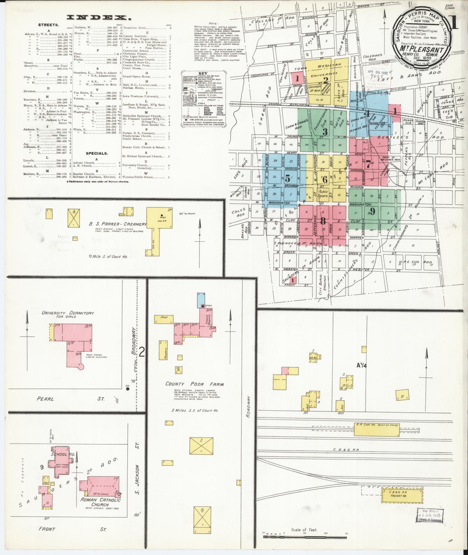 Sanborn Fire Insurance Map from Mount Pleasant, Henry County, Iowa (1899), Sheet #0001 - Historic Sanborn Fire Insurance Map Print