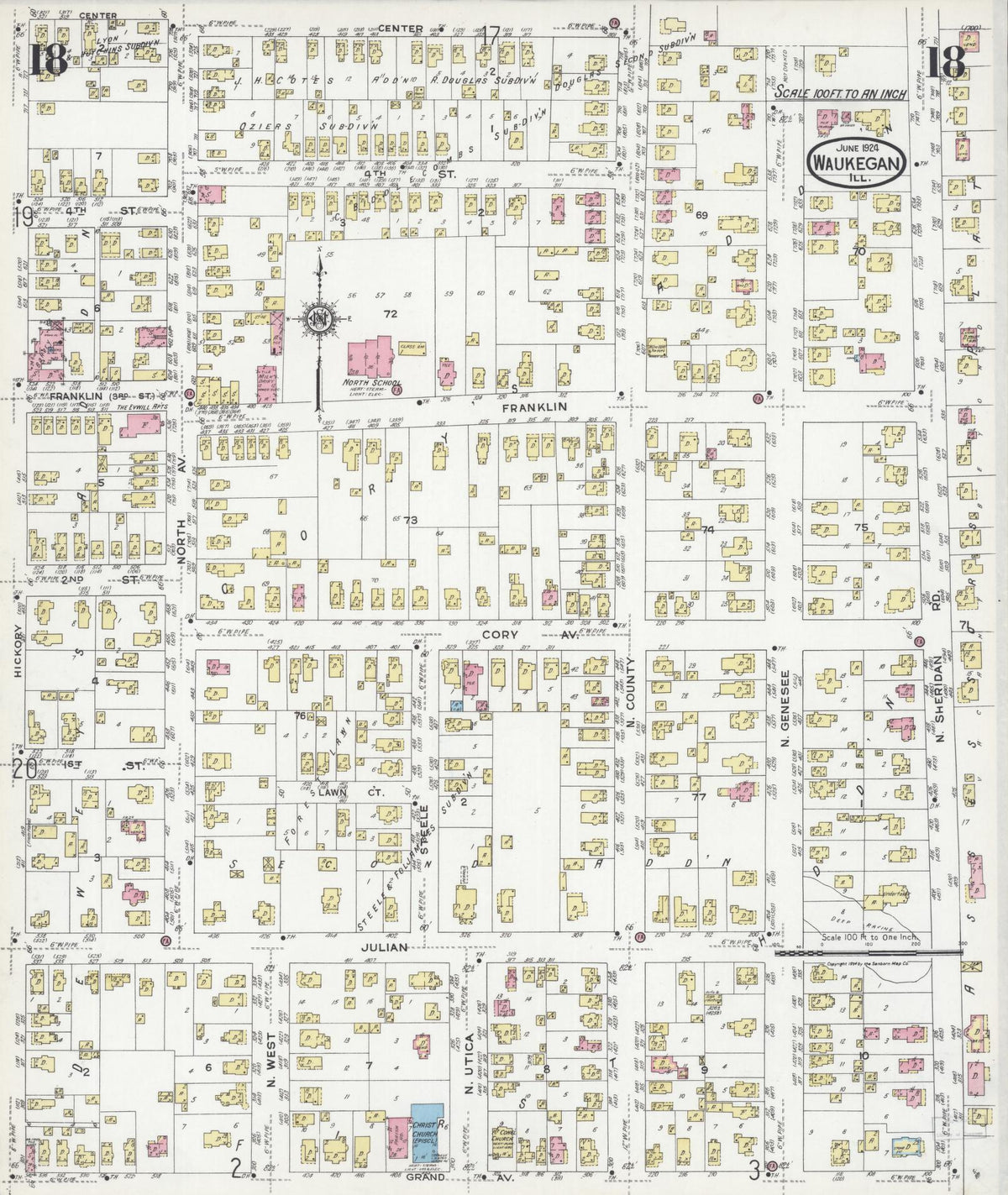 Sanborn Fire Insurance Map from Waukegan, Lake County, Illinois (1924), Sheet #0018 - Complete Map Set gallery image, historic Sanborn map, vintage wall art, Illinois Illinois