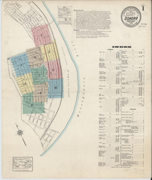 Sanborn Fire Insurance Map from Donora, Washington County, Pennsylvania (1914), Sheet #0001 - Historic Sanborn Fire Insurance Map Print, vintage old map wall art, antique decor, genealogy gift, Pennsylvania Pennsylvania map