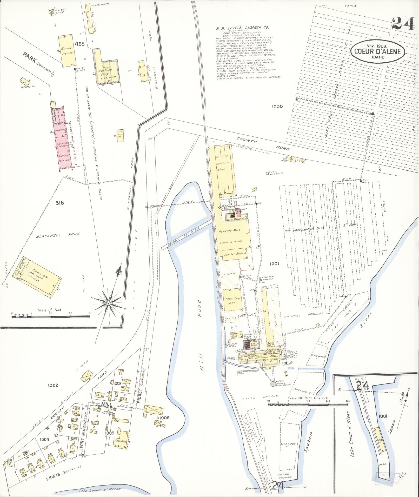 Sanborn Fire Insurance Map from Coeur D'alene, Kootenai County, Idaho (1908), Sheet #0024 - Historic Sanborn Fire Insurance Map Print, vintage old map wall art, antique decor, genealogy gift, Idaho Idaho map