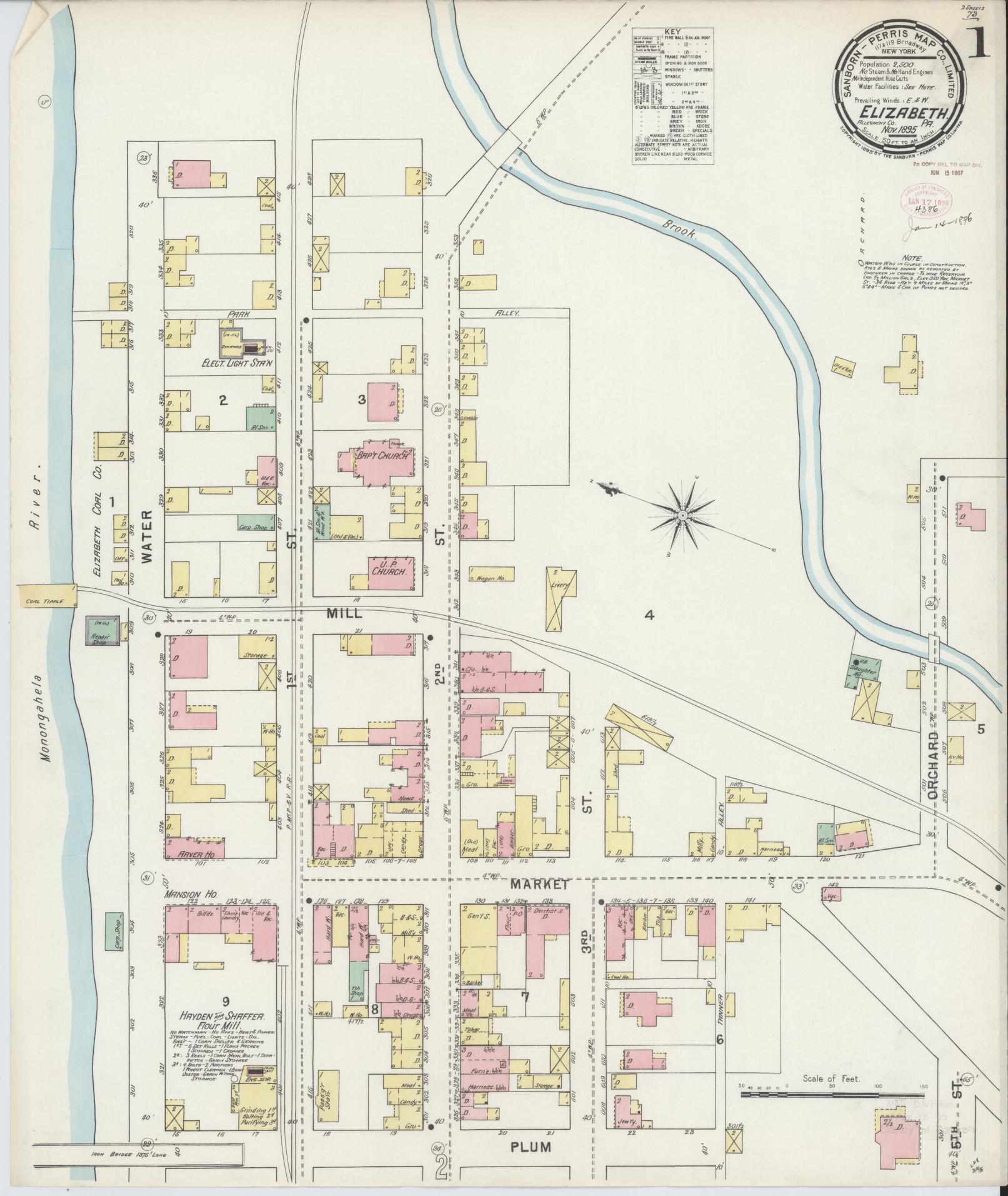 Sanborn Fire Insurance Map from Elizabeth, Allegheny County, Pennsylvania (1895), Sheet #0001 - Historic Sanborn Fire Insurance Map Print, vintage old map wall art, antique decor, genealogy gift, Pennsylvania Pennsylvania map