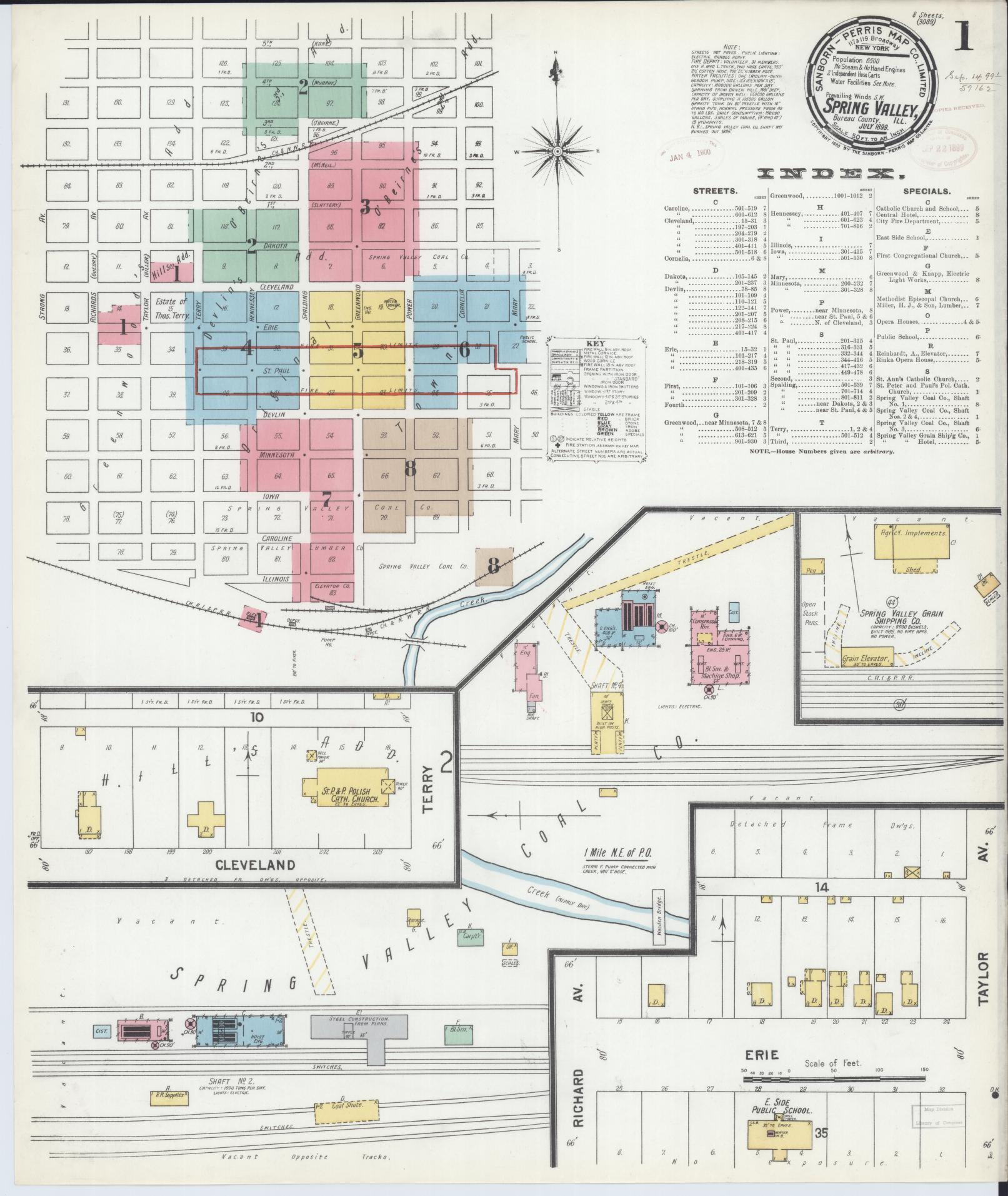 Sanborn Fire Insurance Map from Spring Valley, Bureau County, Illinois (1899), Sheet #0001 - Historic Sanborn Fire Insurance Map Print, vintage old map wall art, antique decor, genealogy gift, Illinois Illinois map