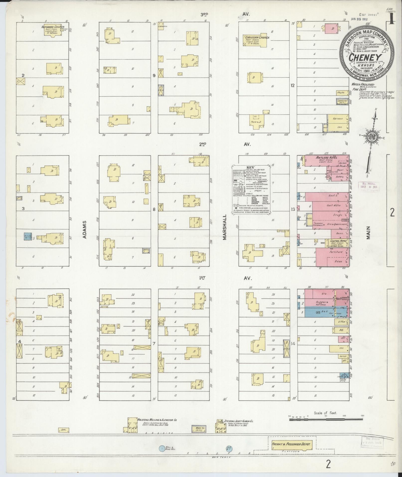 Sanborn Fire Insurance Map from Cheney, Sedgwick County, Kansas (1911), Sheet #0001 - Historic Sanborn Fire Insurance Map Print, vintage old map wall art, antique decor, genealogy gift, Kansas Kansas map