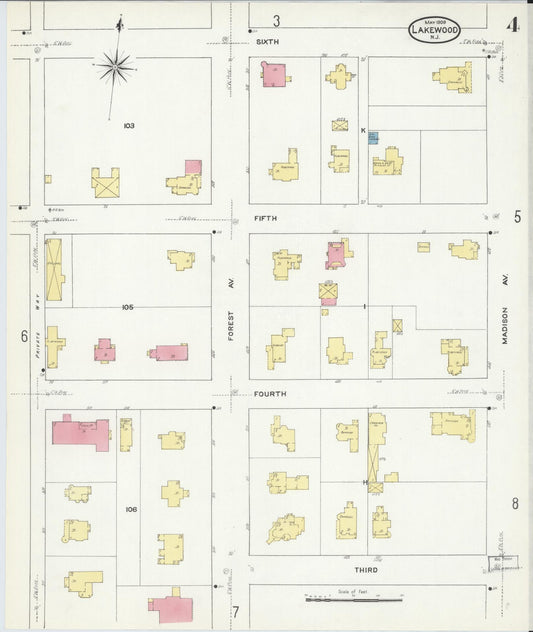 Sanborn Fire Insurance Map from Lakewood, Ocean County, New Jersey (1909), Sheet #0004 - Historic Sanborn Fire Insurance Map Print, vintage old map wall art, antique decor, genealogy gift, New Jersey New Jersey map