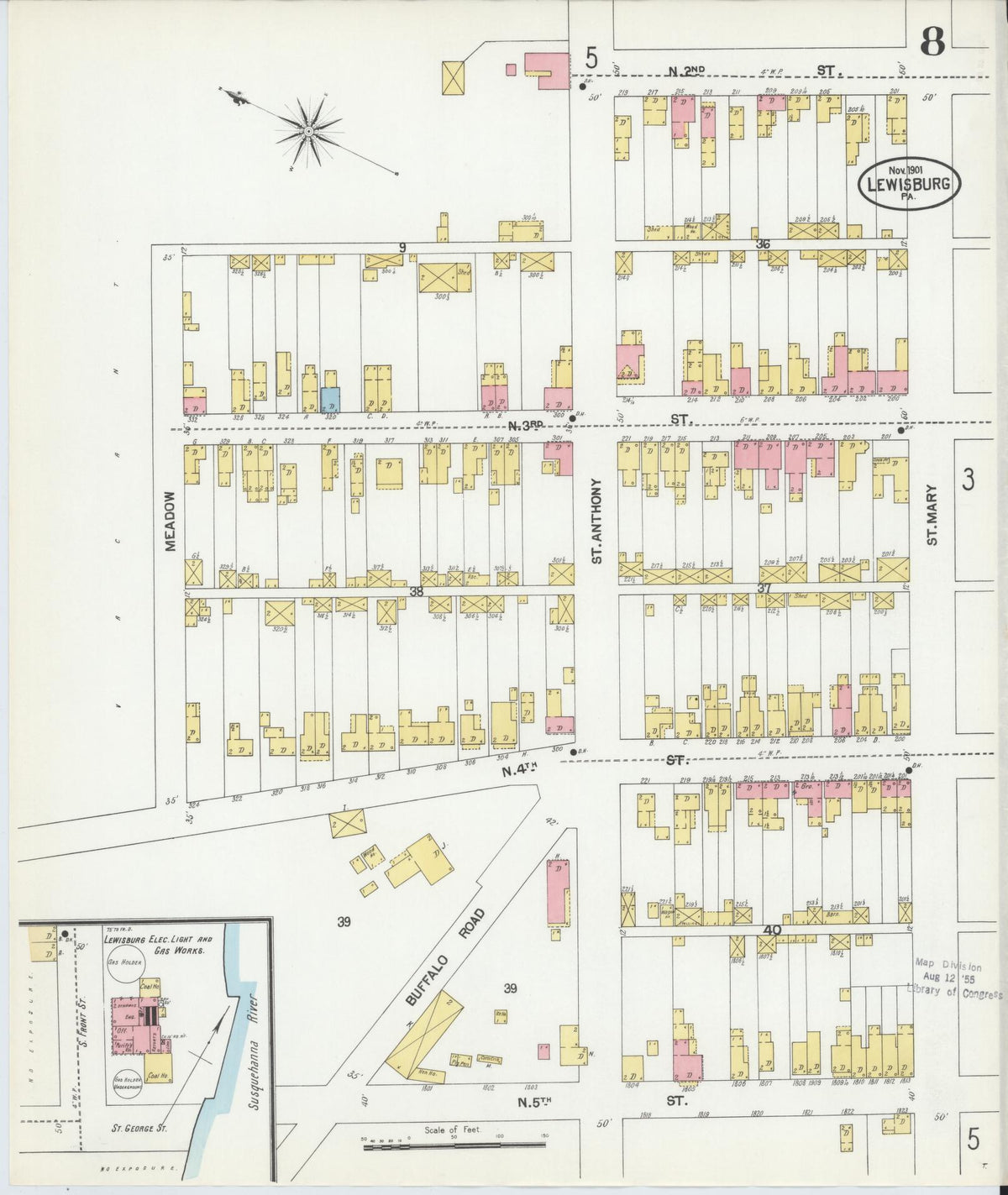 Sanborn Fire Insurance Map from Lewisburg, Union County, Pennsylvania (1901), Sheet #0008 - Historic Sanborn Fire Insurance Map Print, vintage old map wall art, antique decor, genealogy gift, Pennsylvania Pennsylvania map