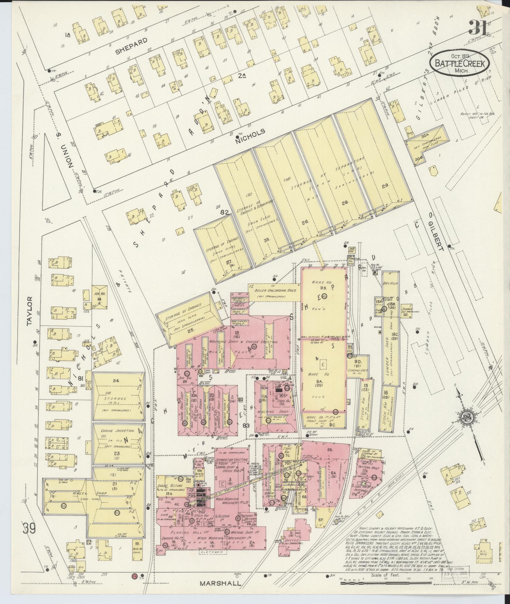 Sanborn Fire Insurance Map from Battle Creek, Calhoun County, Michigan (1913), Sheet #0031 - Complete Map Set gallery image, historic Sanborn map, vintage wall art, Michigan Michigan