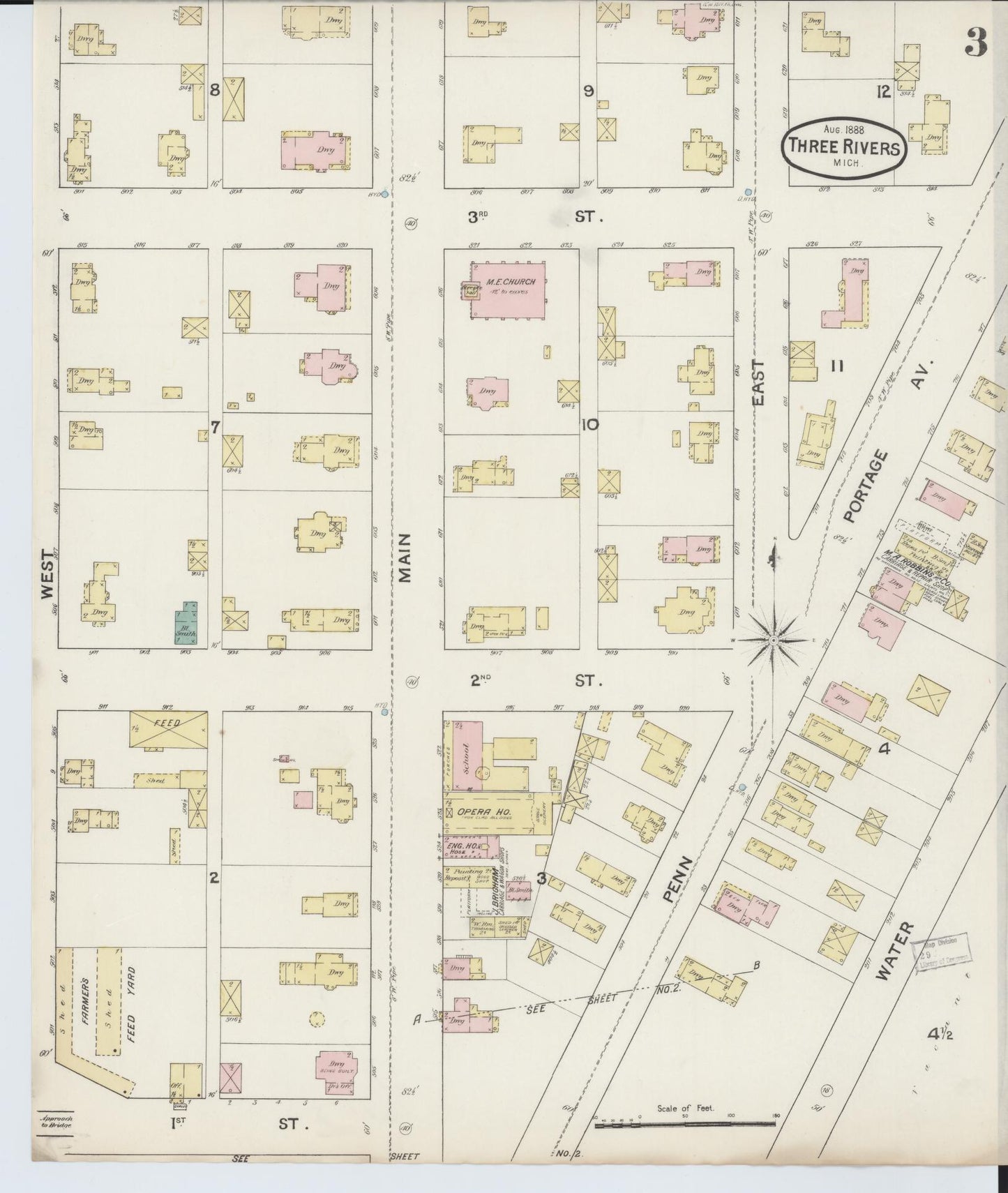 Sanborn Fire Insurance Map from Three Rivers, Saint Joseph County, Michigan (1888), Sheet #0003 - Complete Map Set gallery image, historic Sanborn map, vintage wall art, Michigan Michigan