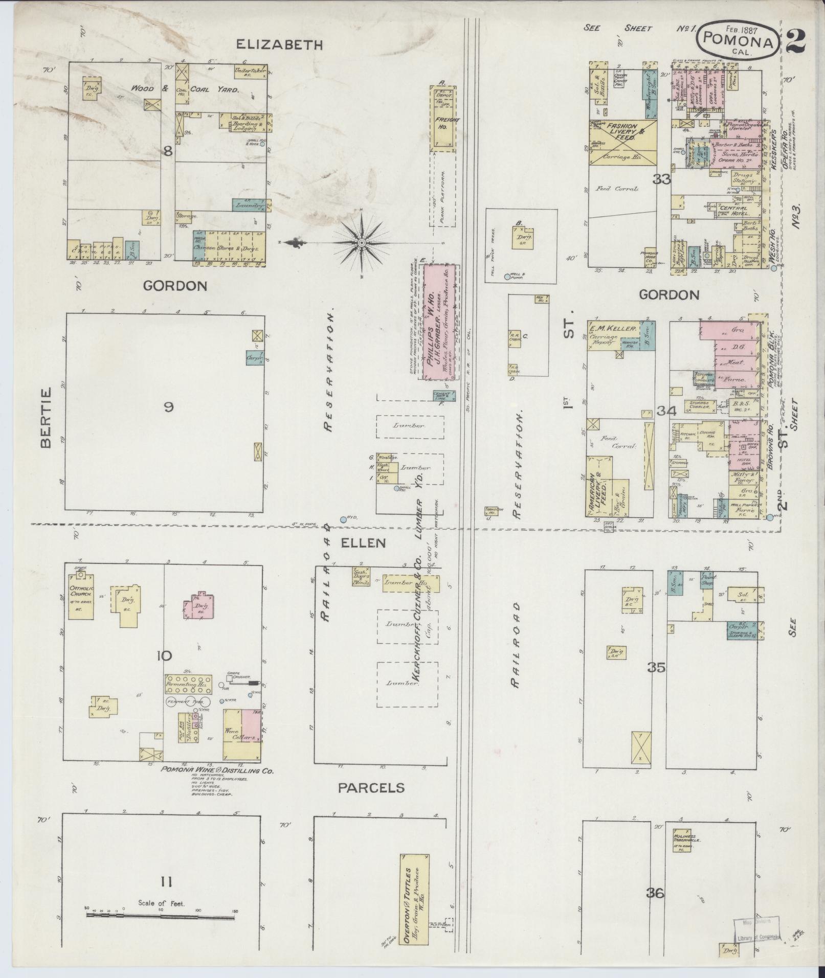 Sanborn Fire Insurance Map from Pomona, Los Angeles County, California (1887), Sheet #0002 - Complete Map Set gallery image, historic Sanborn map, vintage wall art, California California